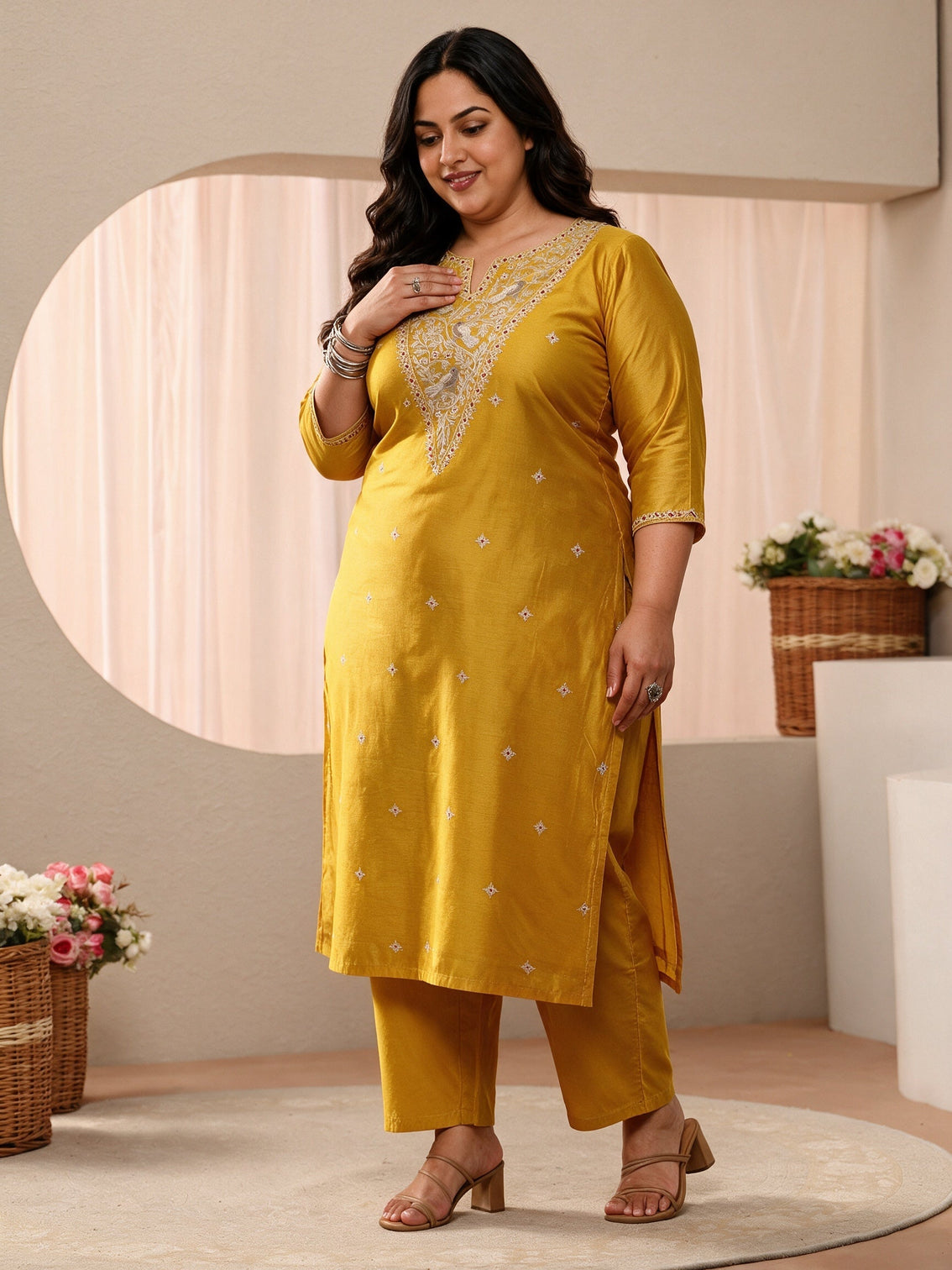 Plus Size Yellow Floral Embroidered Chanderi Silk Straight Suit Set
