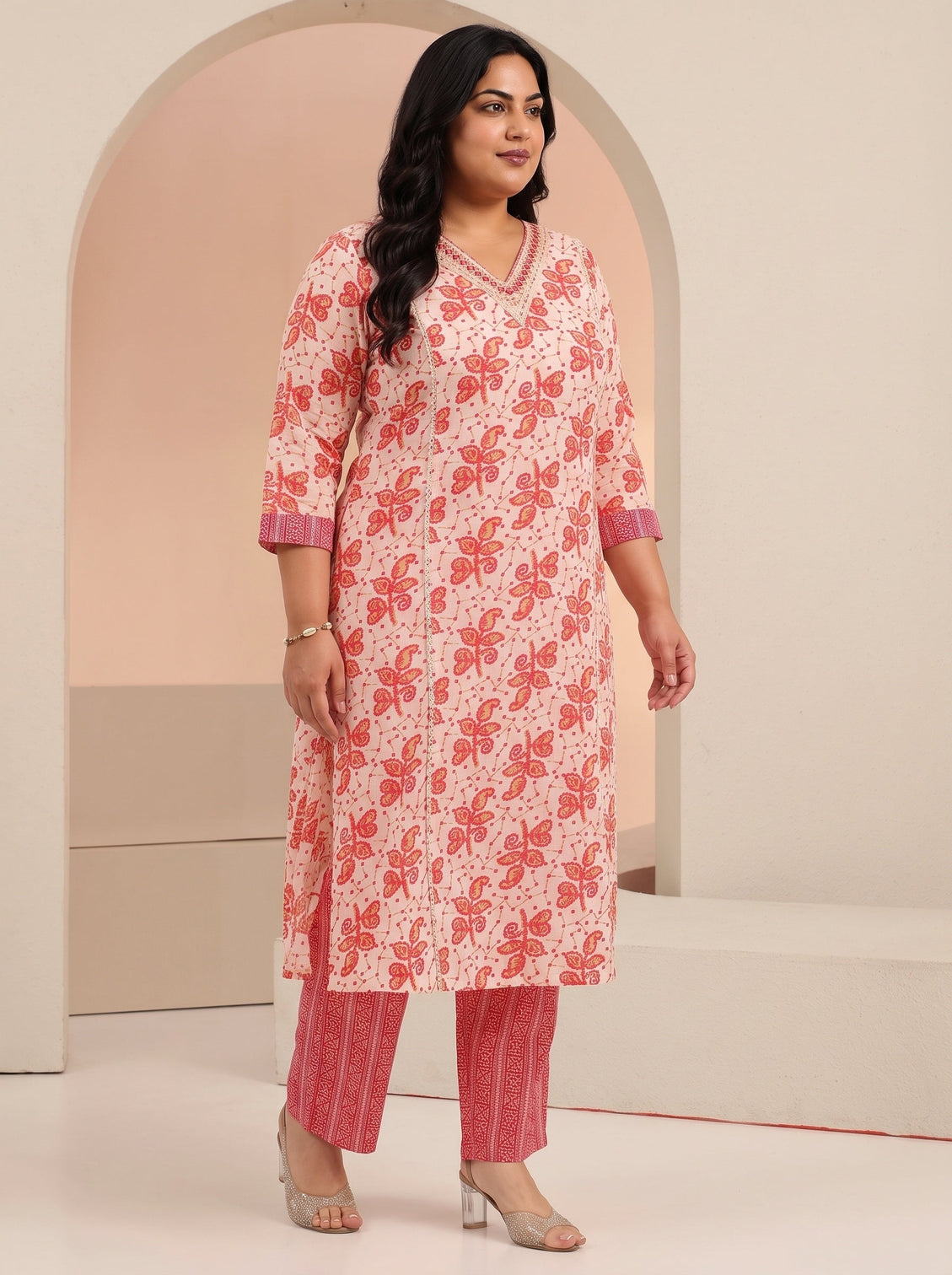 Plus Size Off White Floral Printed Cotton Straight Suit Set