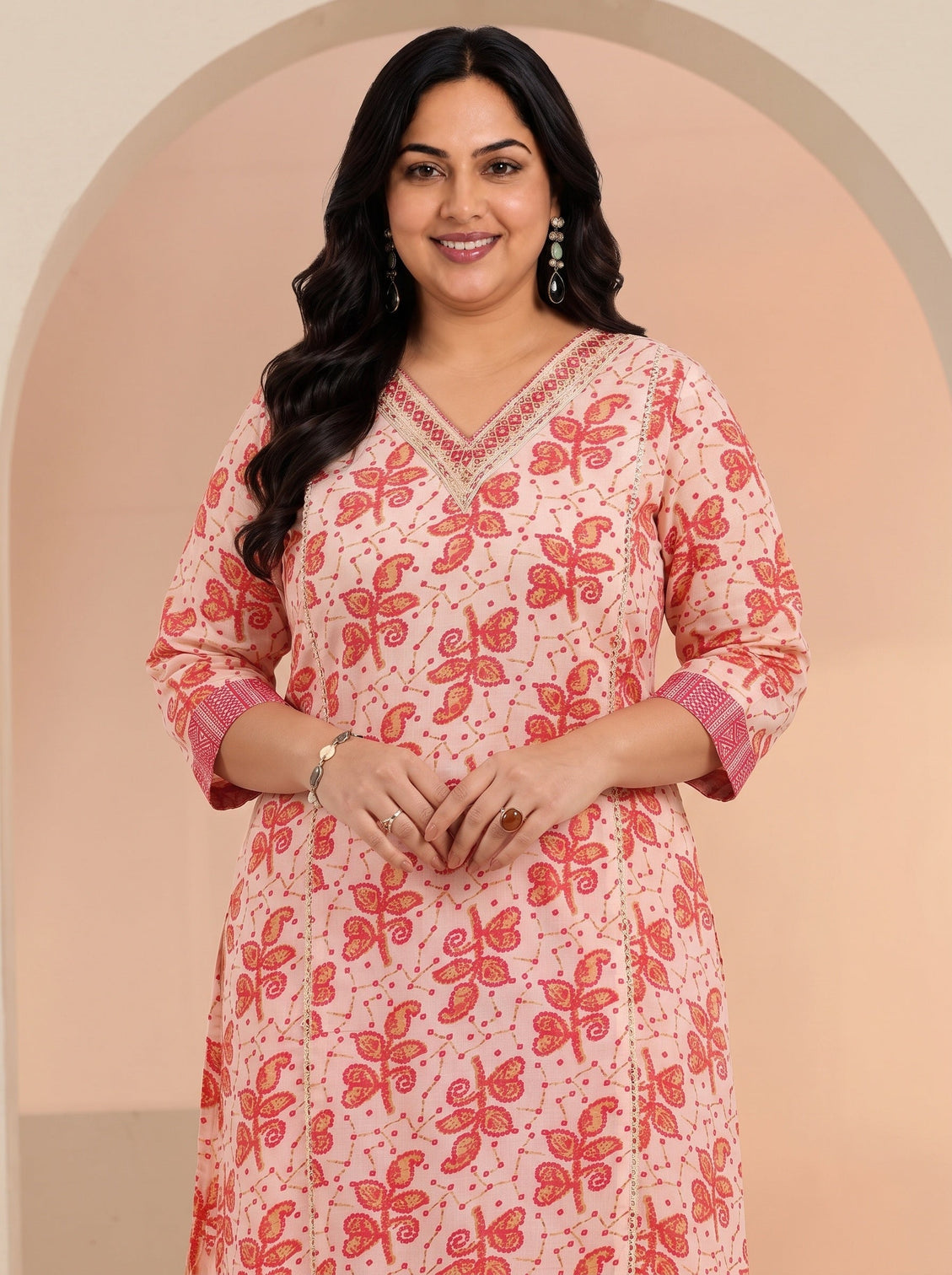 Plus Size Off White Floral Printed Cotton Straight Suit Set