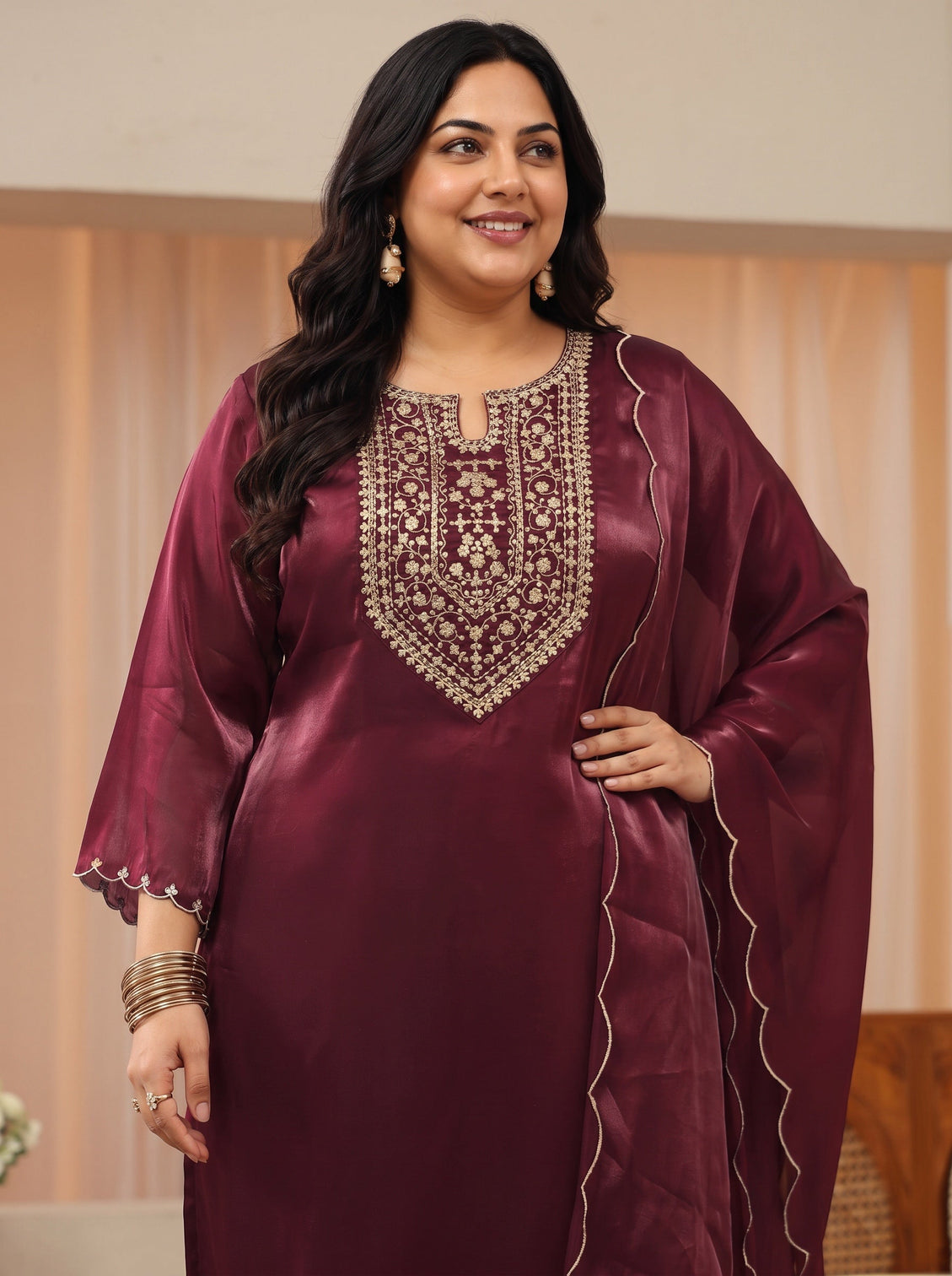 Plus Size Maroon Yoke Design Tissue Straight Suit Set