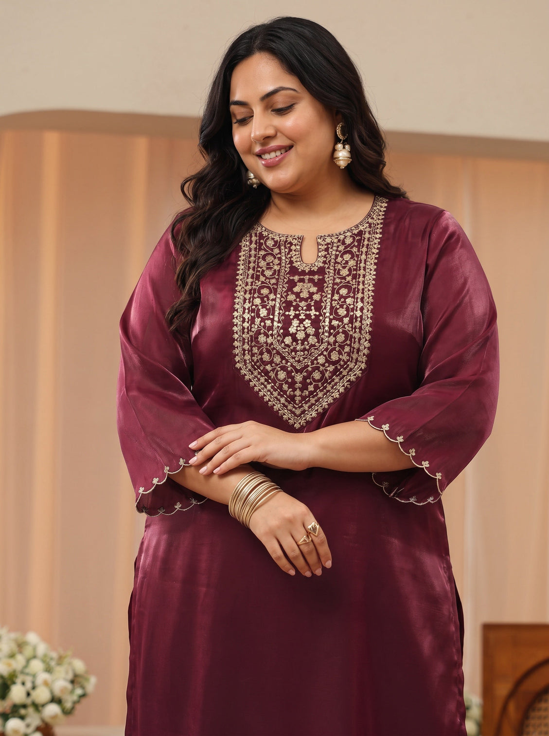 Plus Size Maroon Yoke Design Tissue Straight Suit Set