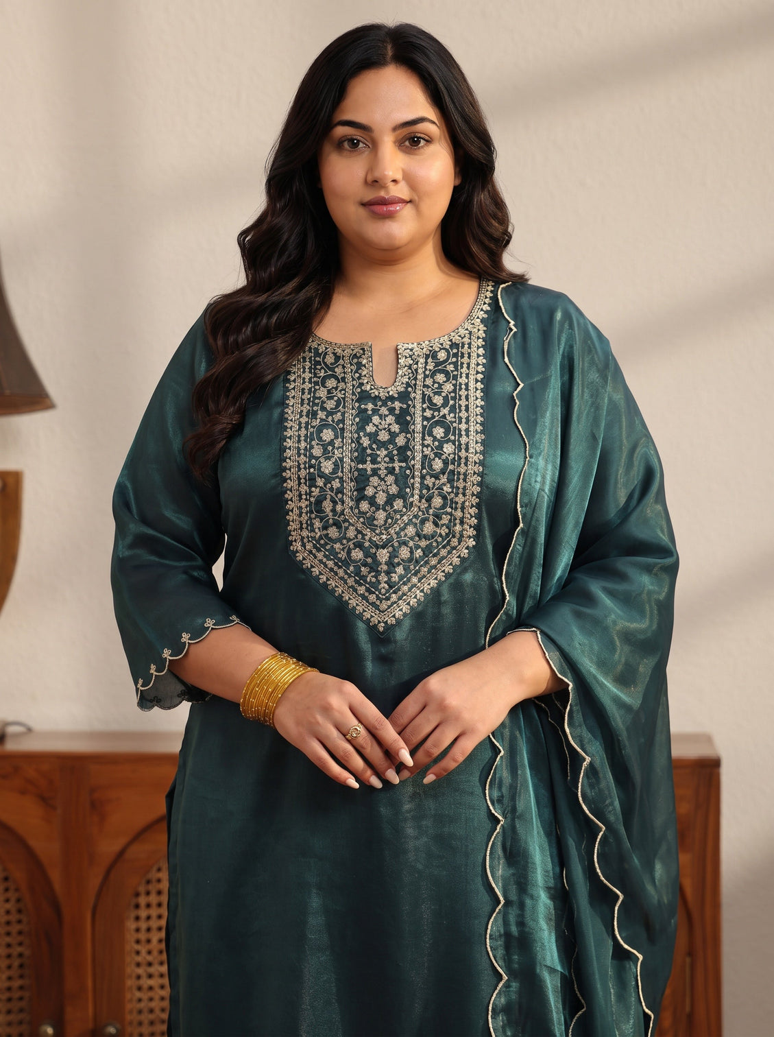 Plus Size Teal Yoke Design Tissue Straight Suit Set
