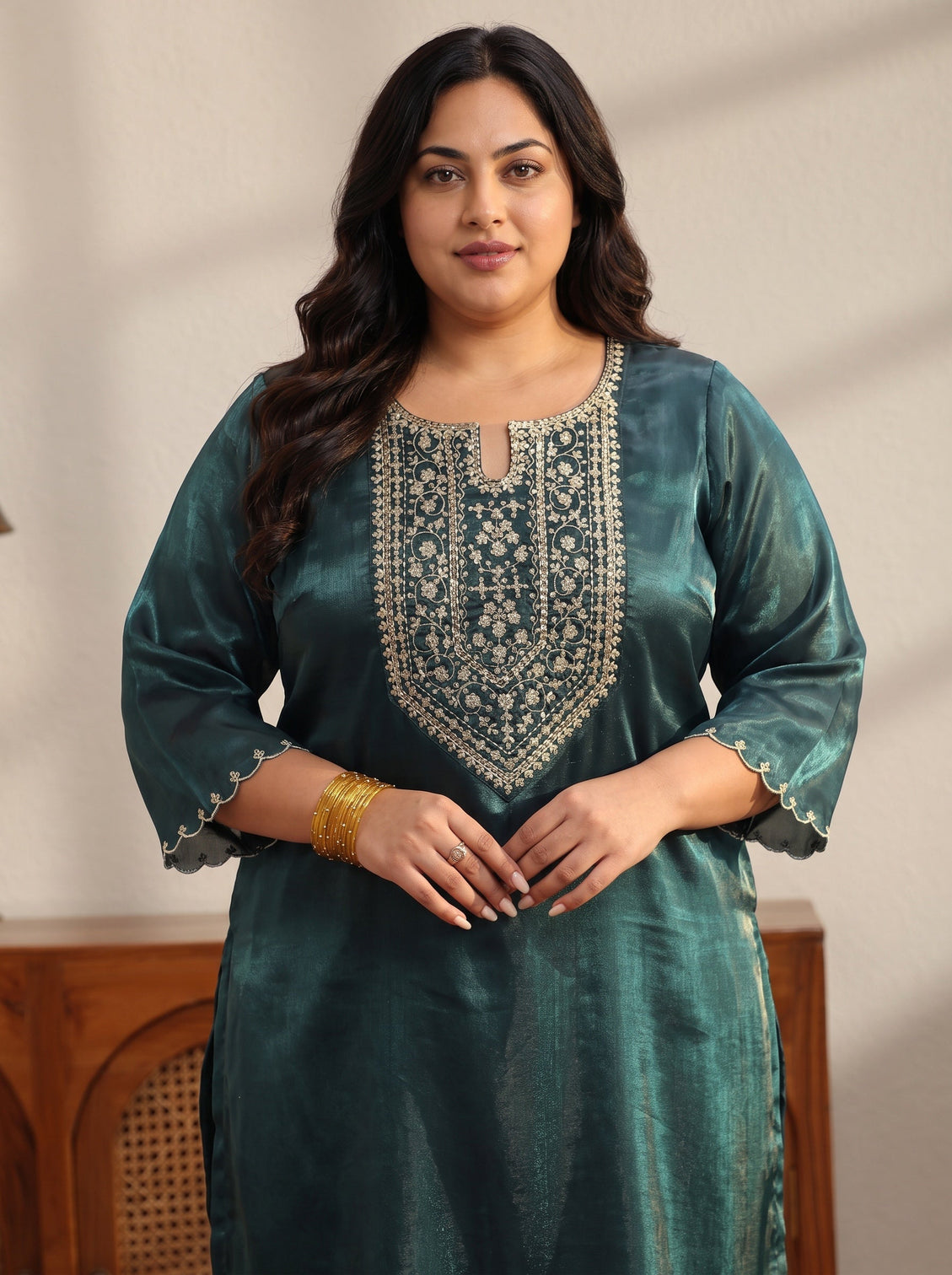 Plus Size Teal Yoke Design Tissue Straight Suit Set