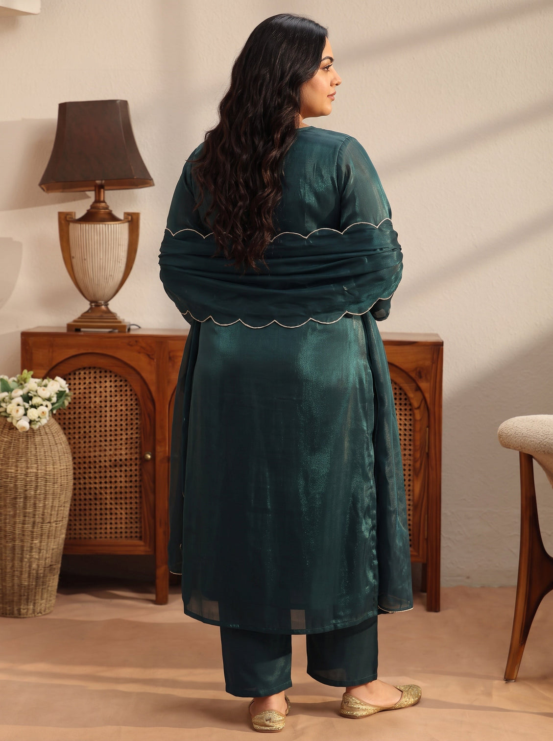 Plus Size Teal Yoke Design Tissue Straight Suit Set