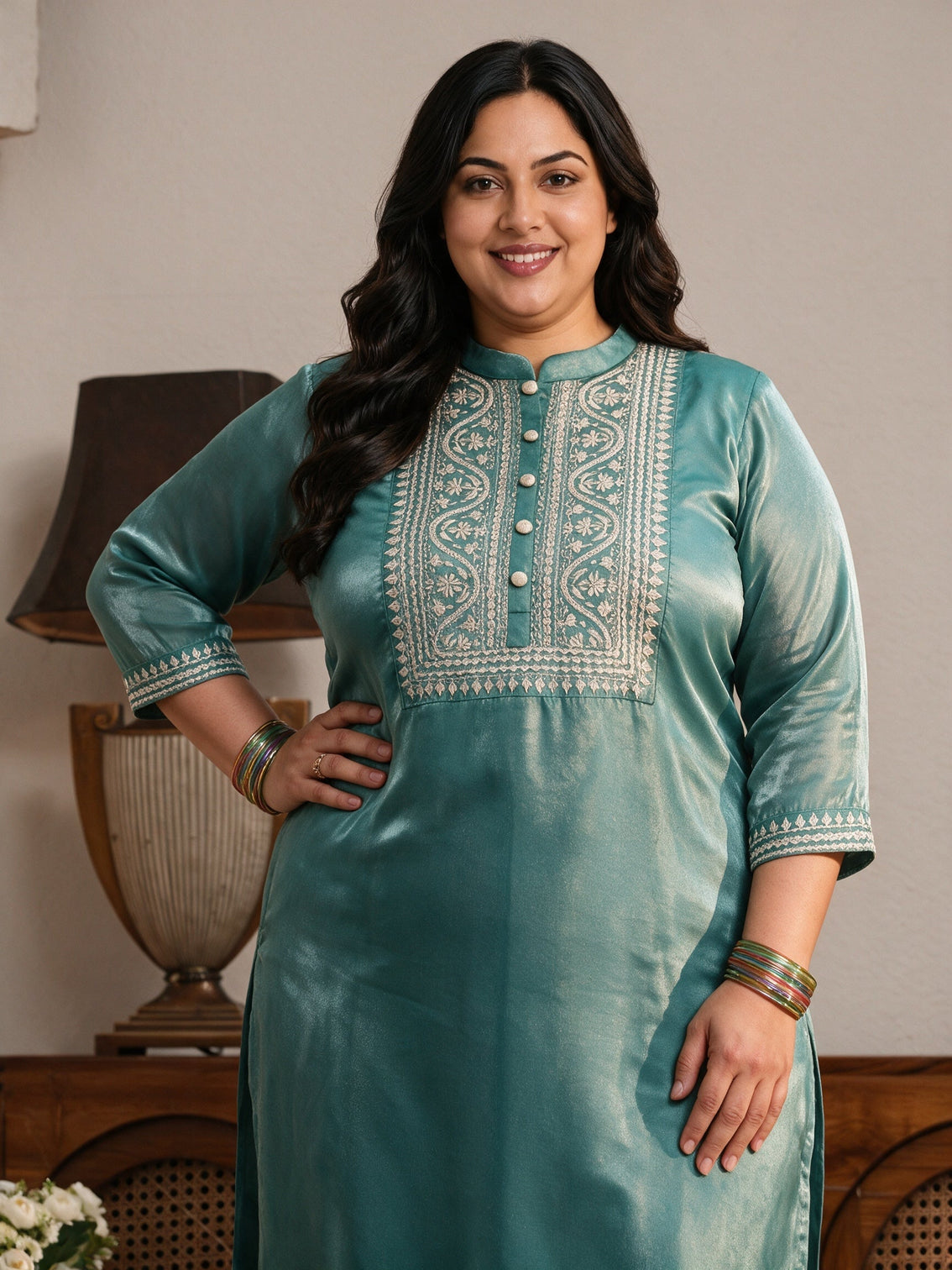 Plus Size Blue Yoke Design Tissue Straight Suit Set