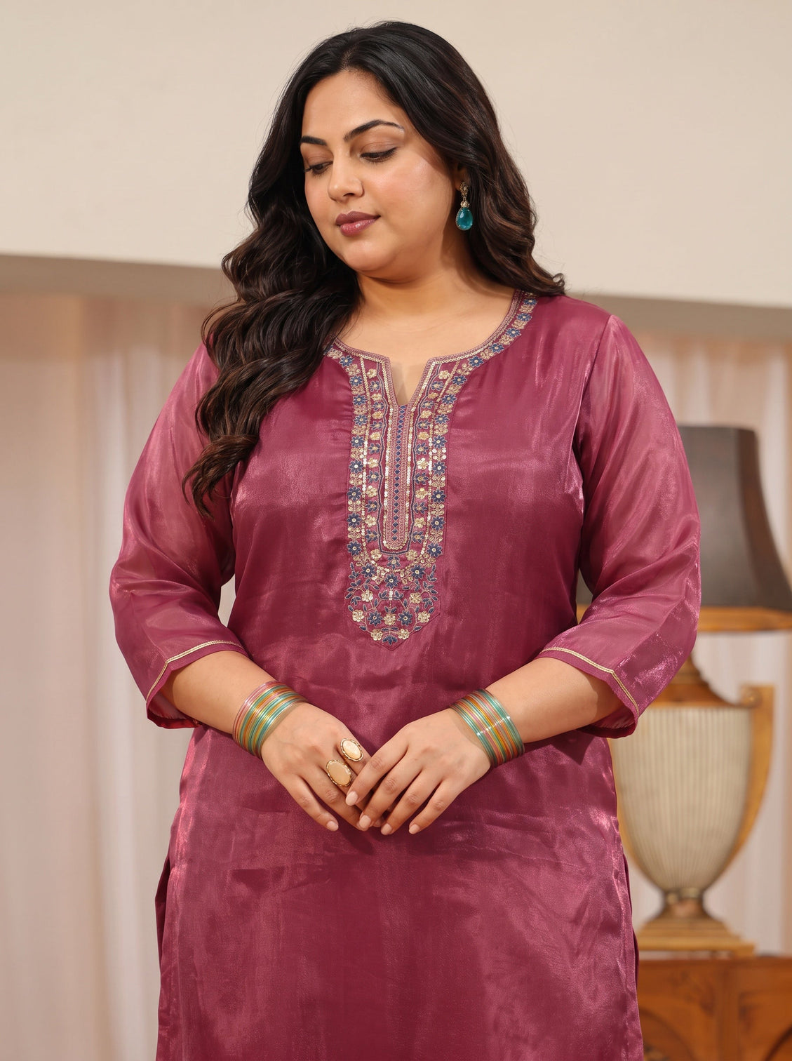 Plus Size Maroon Yoke Design Tissue Straight Suit Set