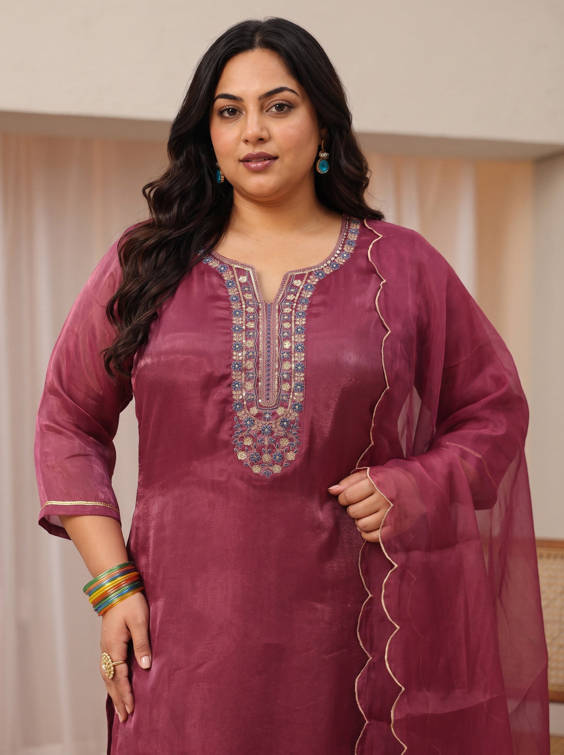 Plus Size Maroon Yoke Design Tissue Straight Suit Set