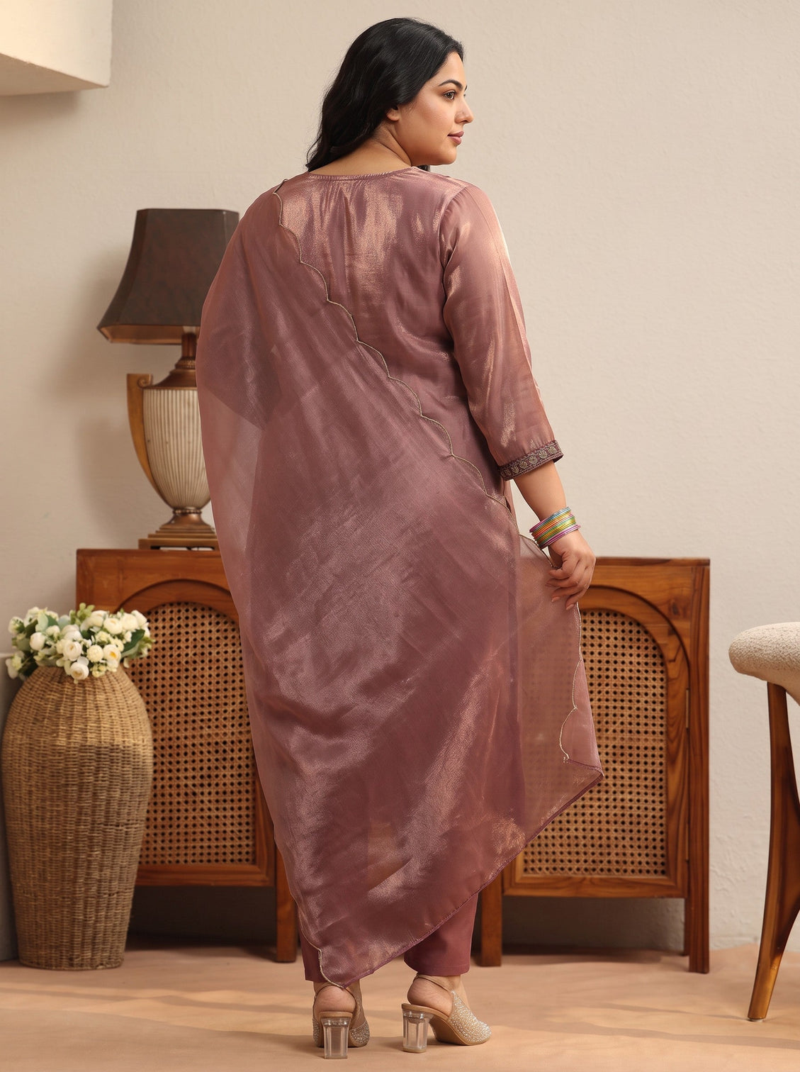 Plus Size Brown Yoke Design Tissue Straight Suit Set