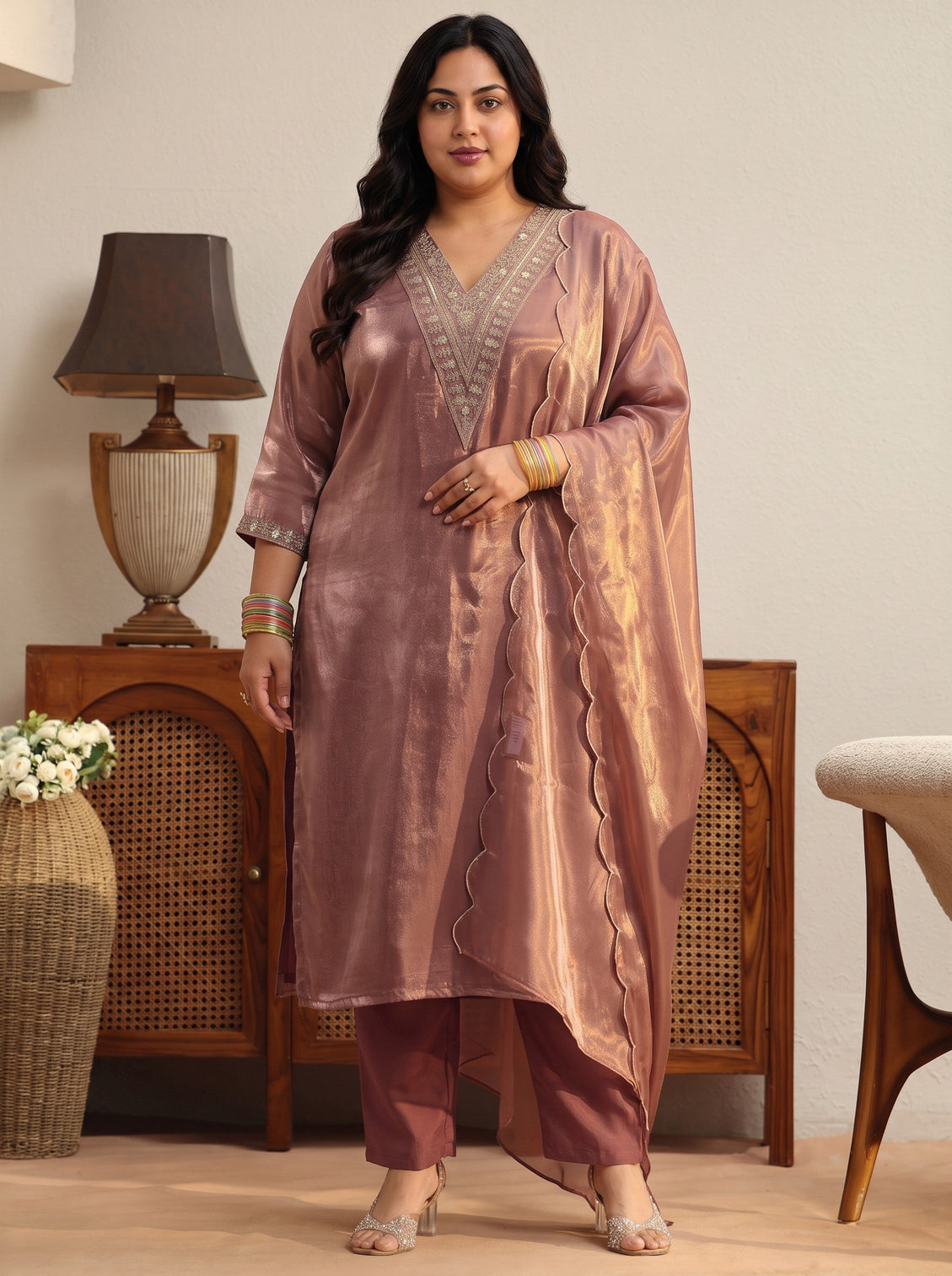 Plus Size Brown Yoke Design Tissue Straight Suit Set