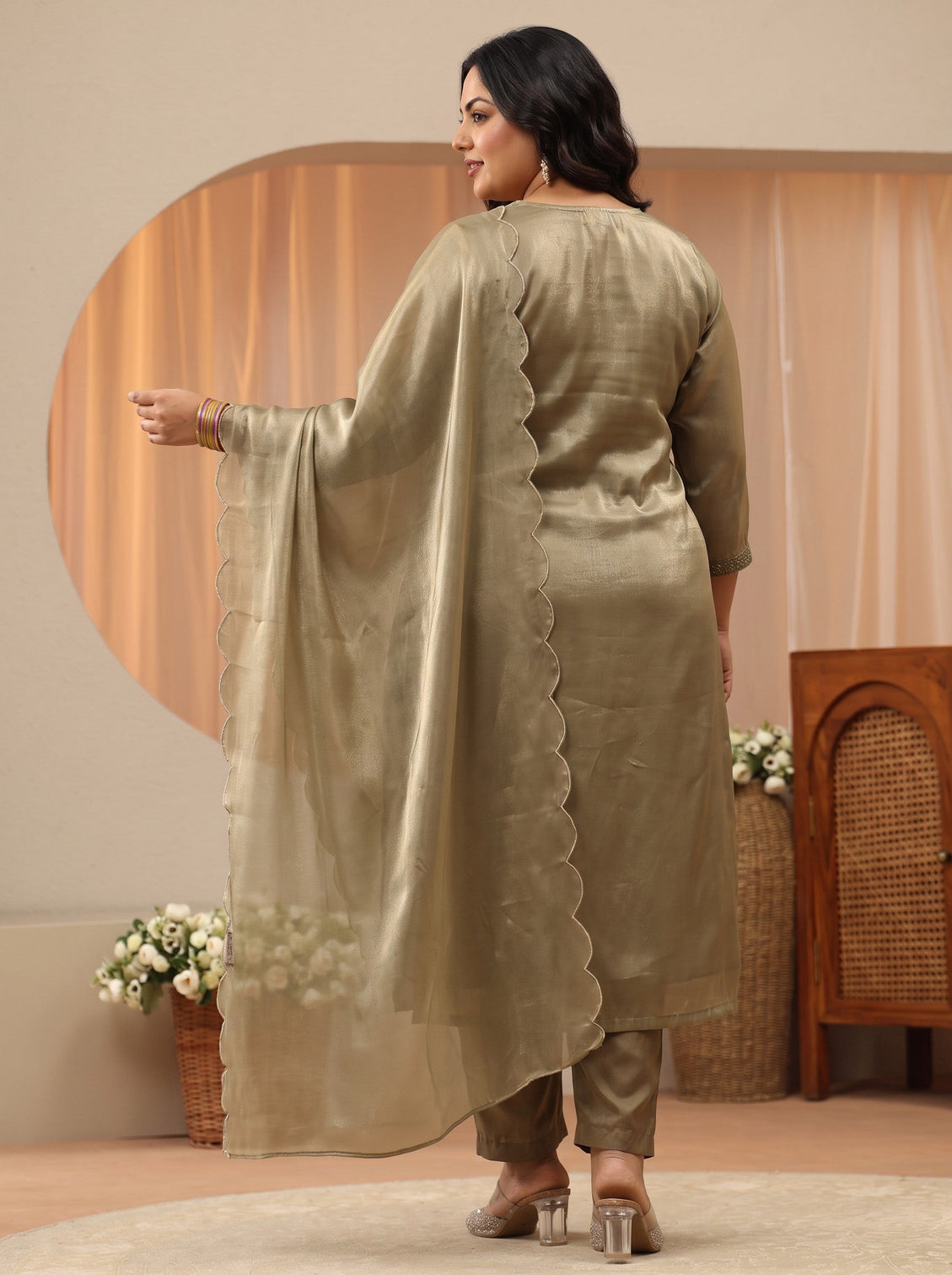 Plus Size Taupe Floral Yoke Design Tissue Straight Suit Set