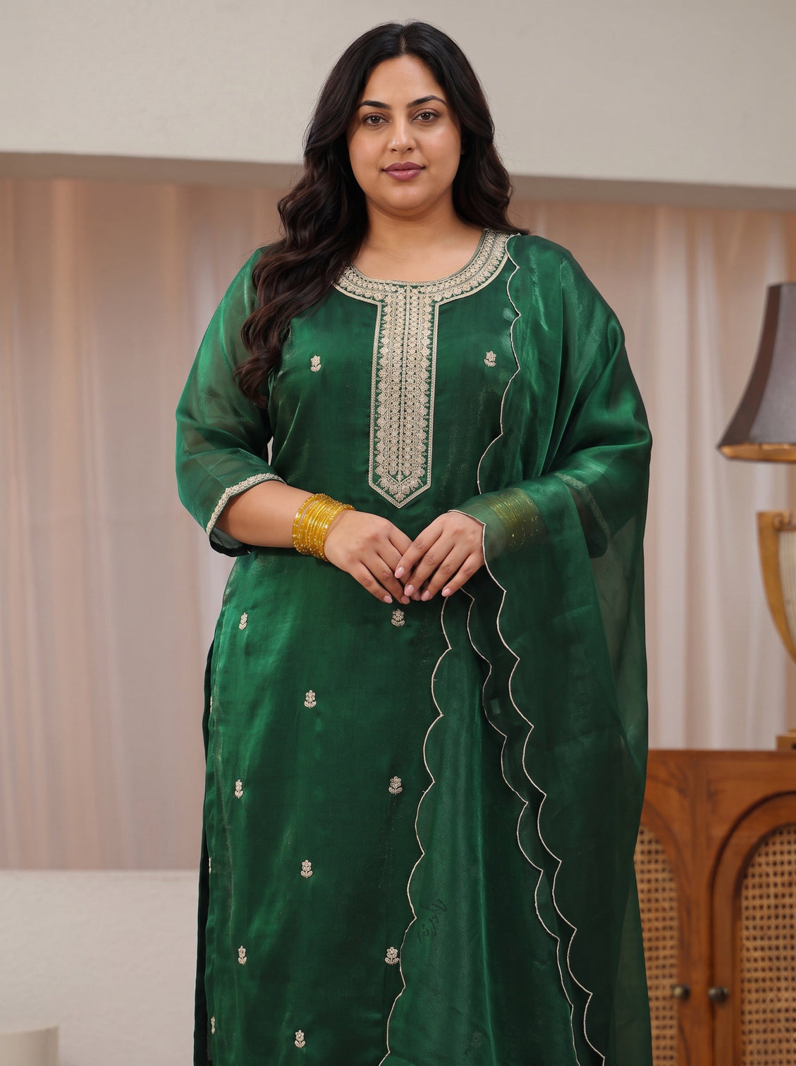 Plus Size Green Ethnic Embroidered Tissue Straight Suit Set
