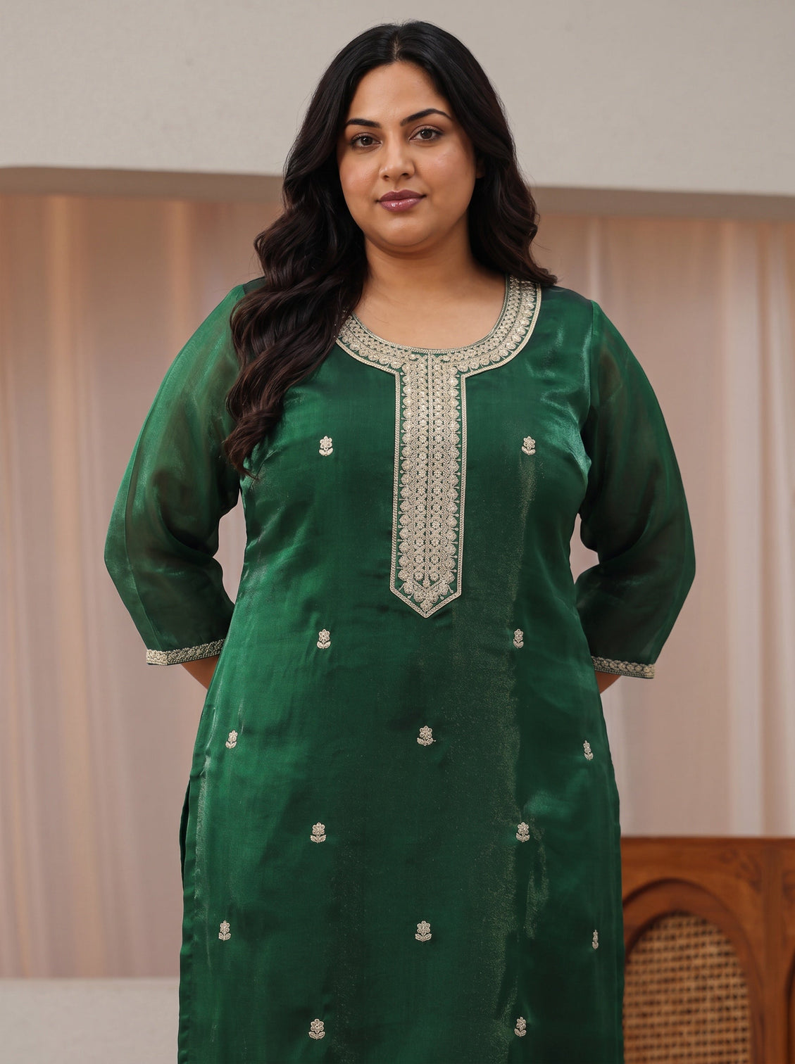 Plus Size Green Ethnic Embroidered Tissue Straight Suit Set