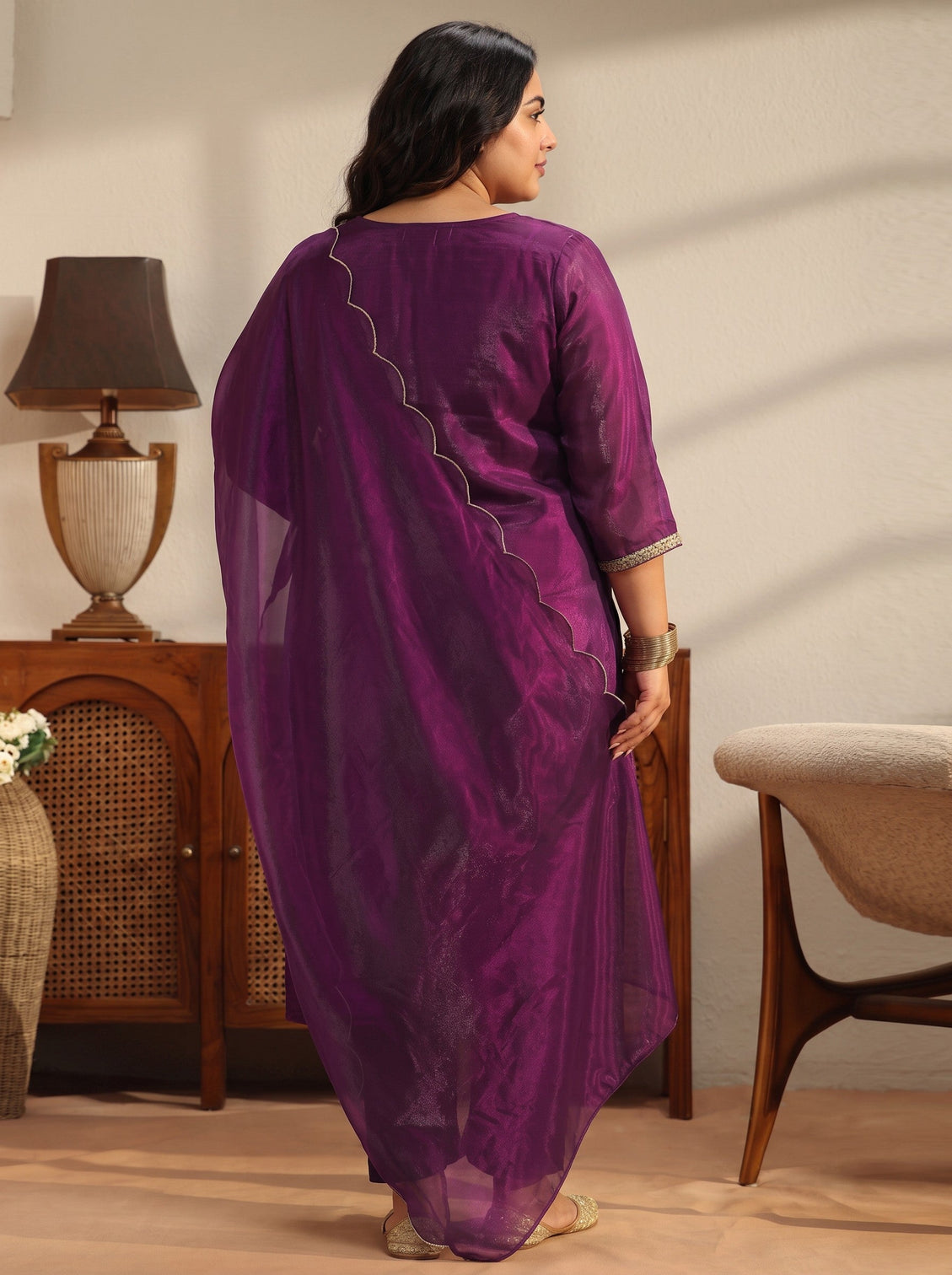 Plus Size Burgundy Embroidered Tissue Straight Suit Set
