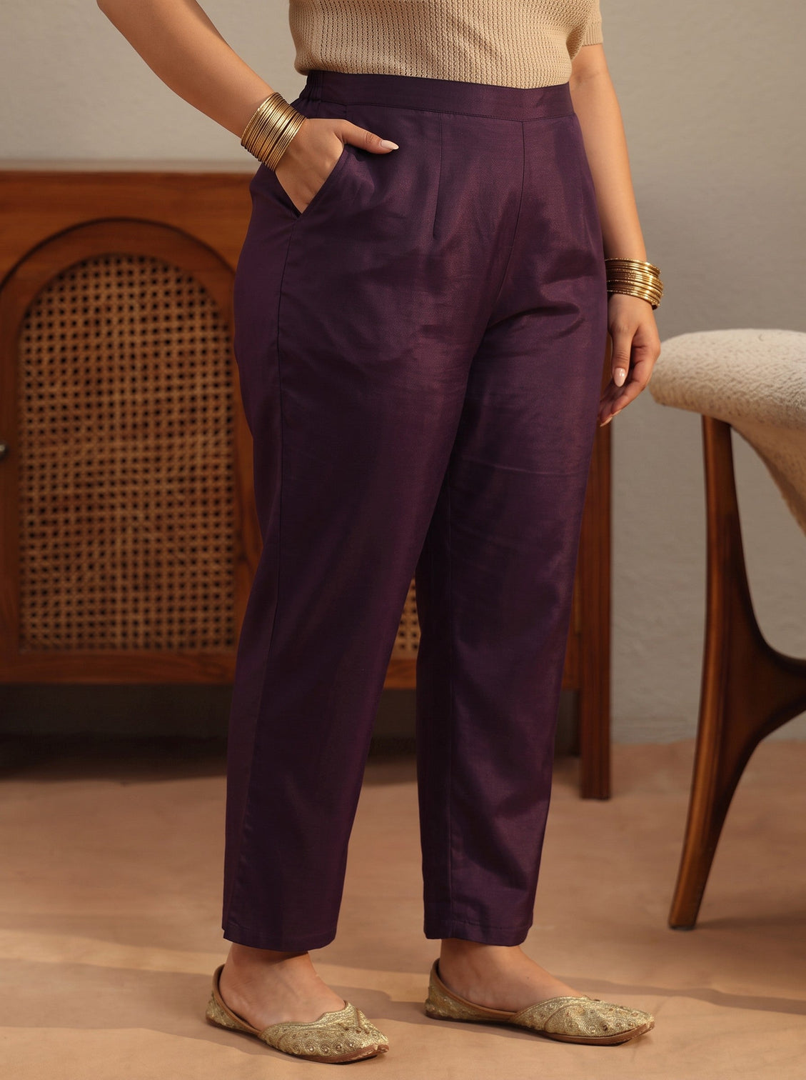Plus Size Burgundy Embroidered Tissue Straight Suit Set