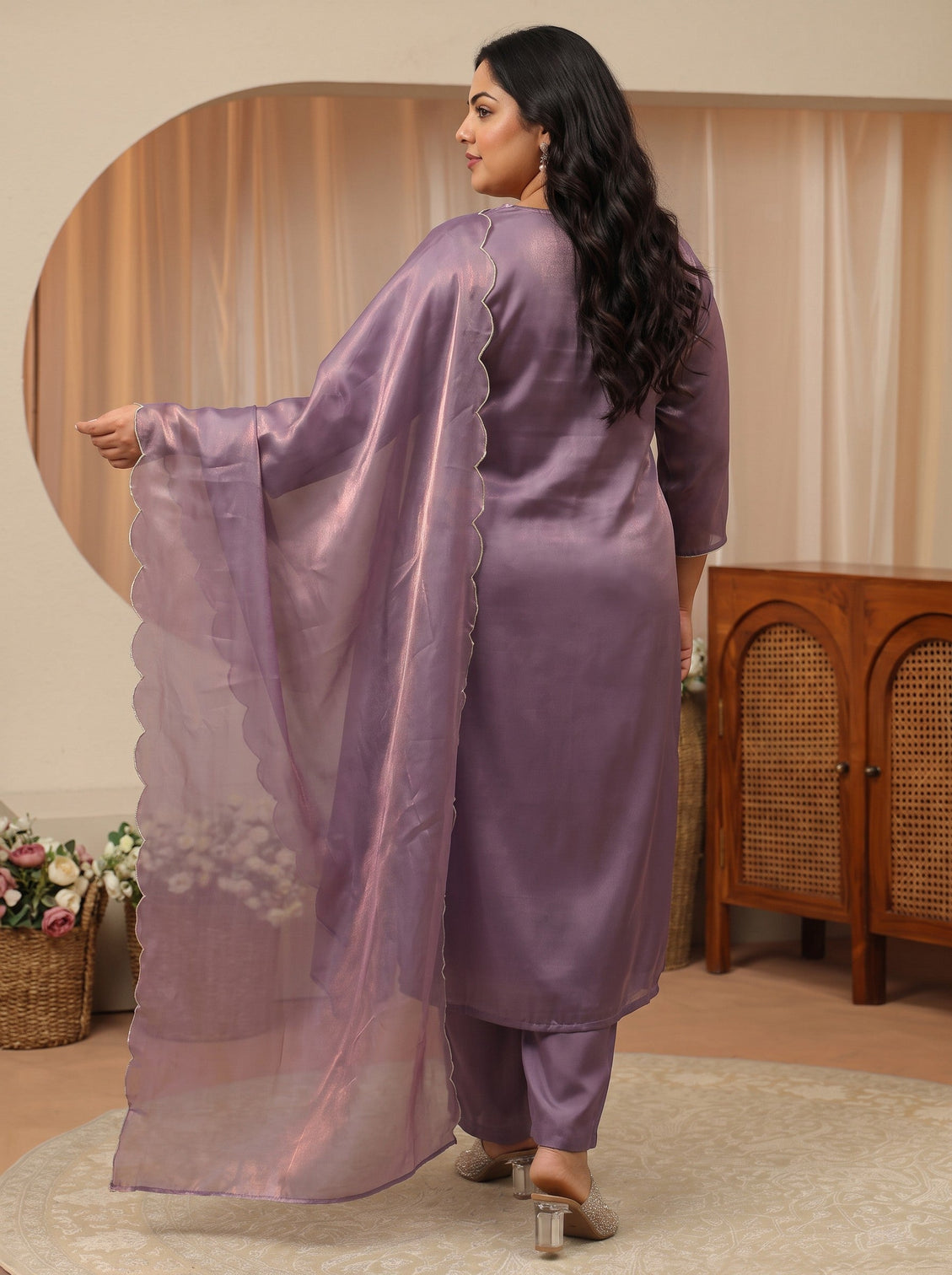 Plus Size Mauve Ethnic Embroidered Tissue Straight Suit Set