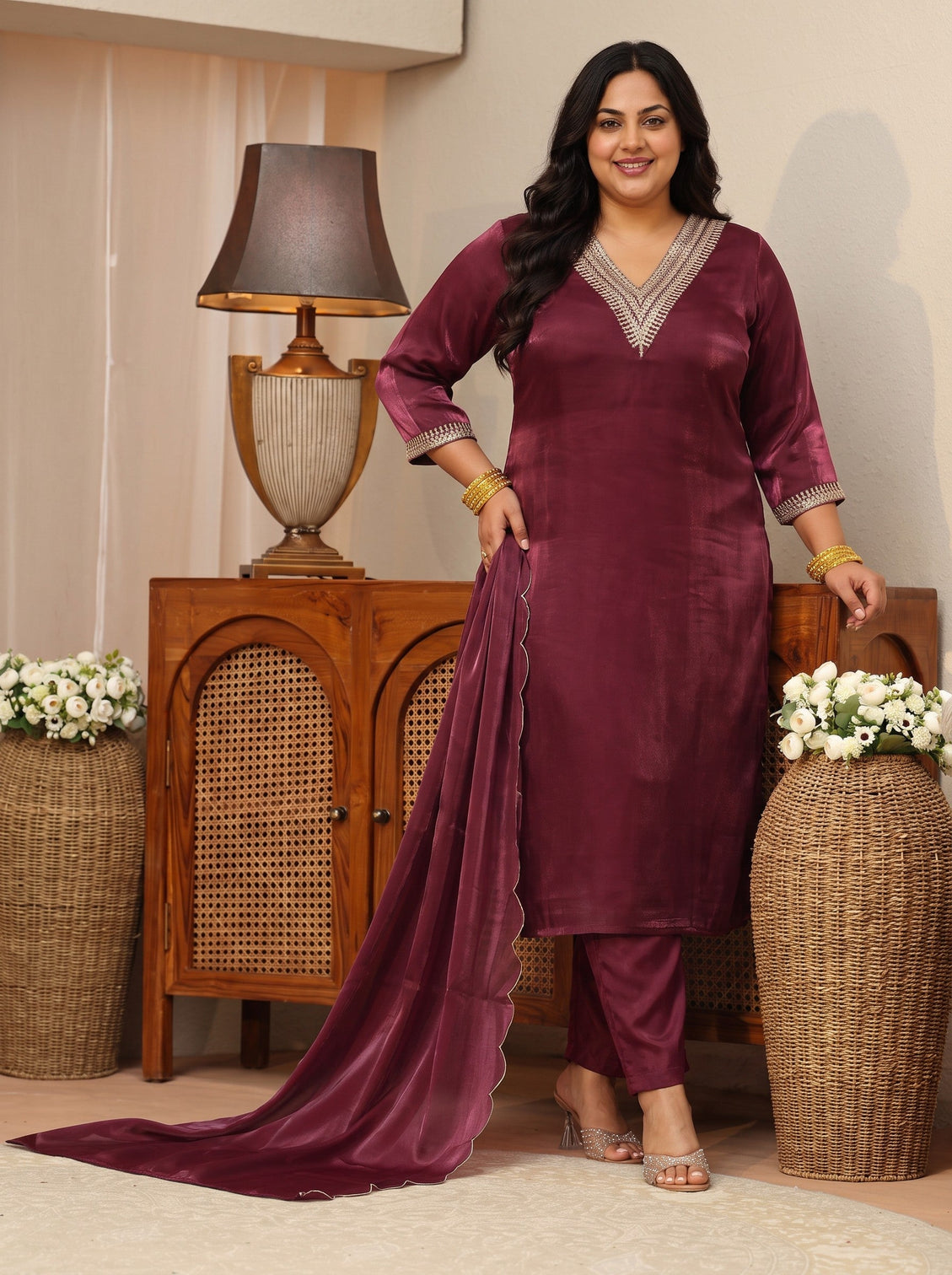 Plus Size Maroon Yoke Design Tissue Straight Suit Set