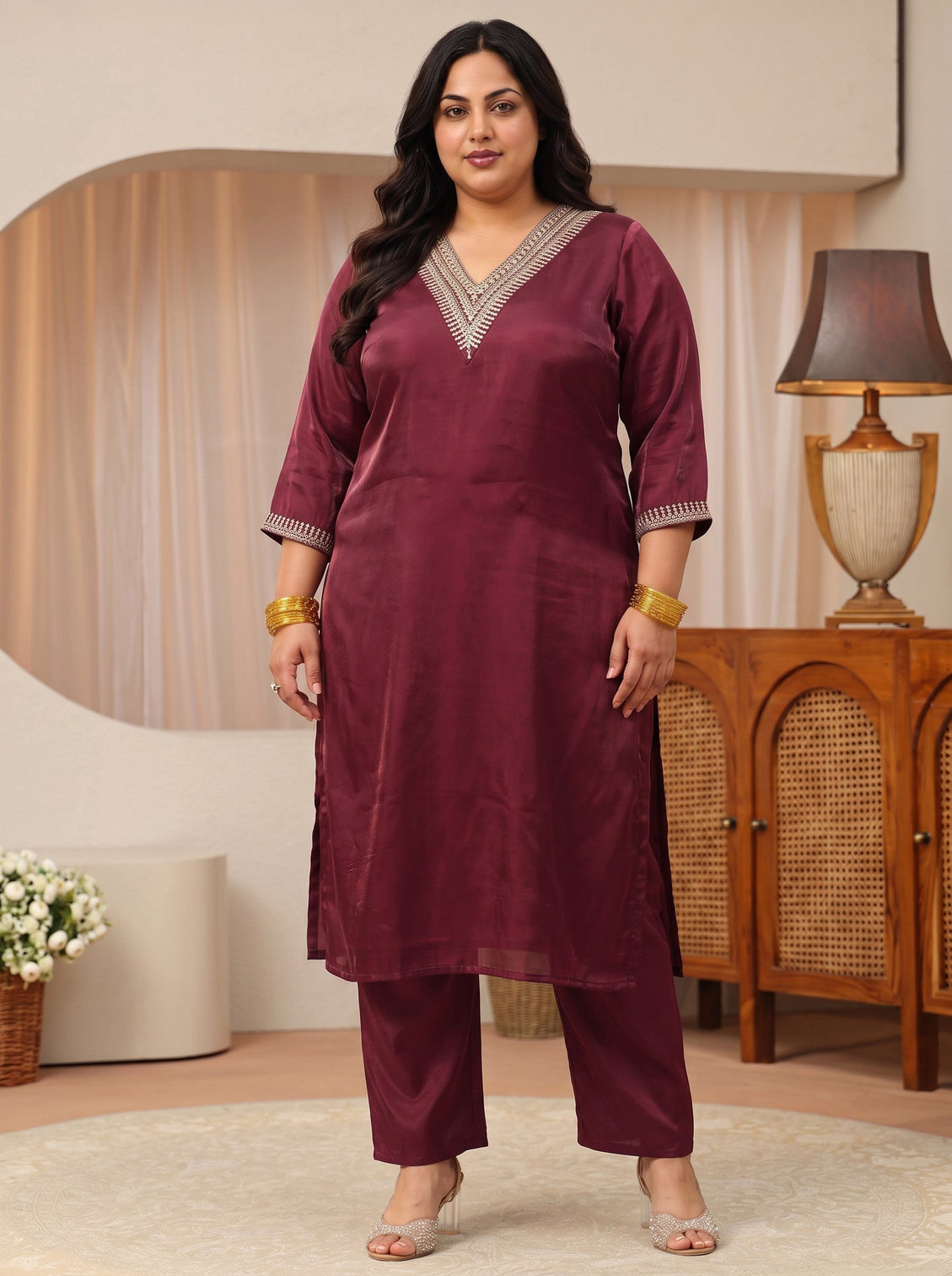 Plus Size Maroon Yoke Design Tissue Straight Suit Set