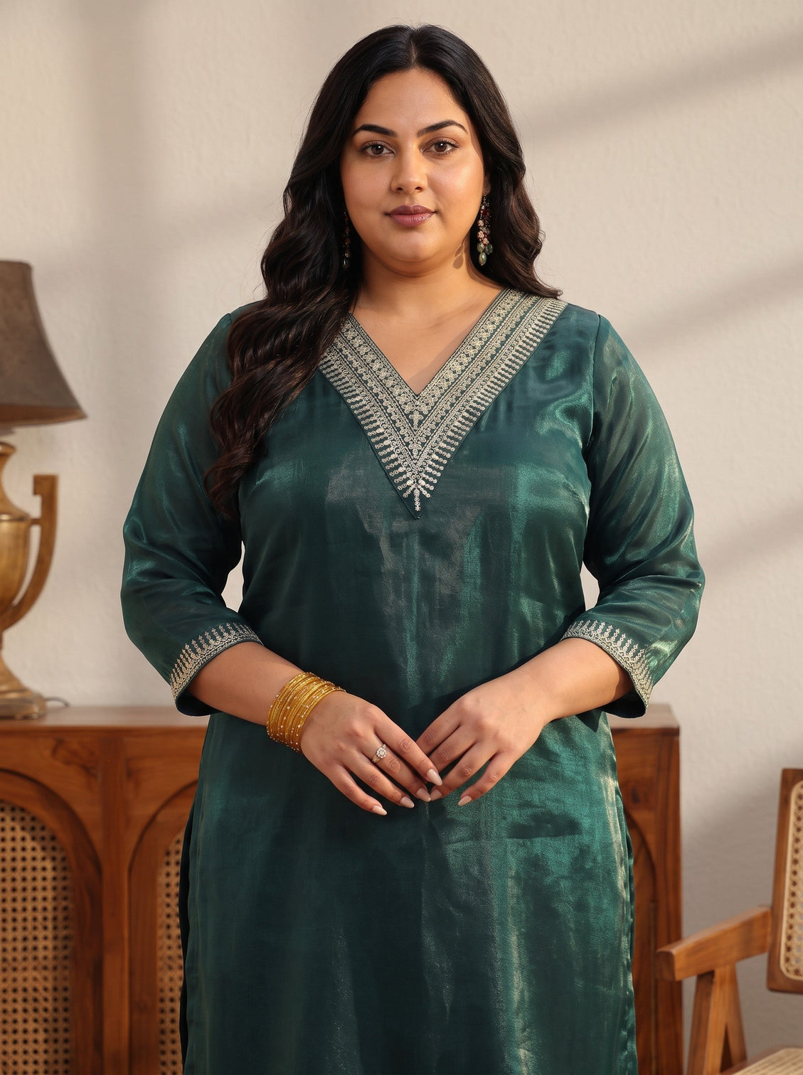 Plus Size Teal Yoke Design Tissue Straight Suit Set