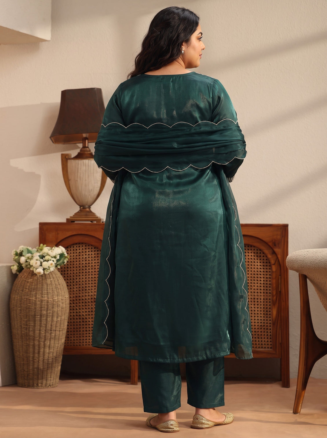 Plus Size Teal Yoke Design Tissue Straight Suit Set