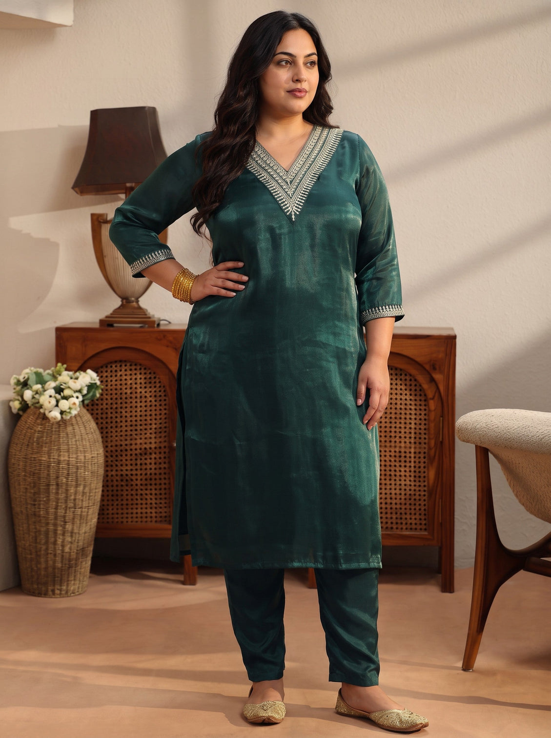 Plus Size Teal Yoke Design Tissue Straight Suit Set