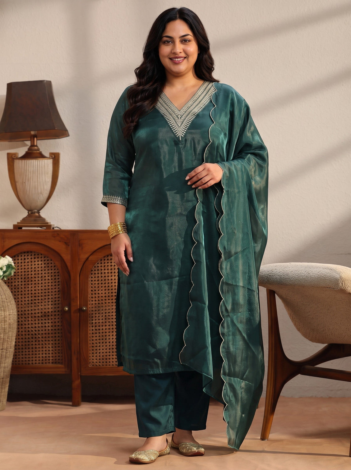 Plus Size Teal Yoke Design Tissue Straight Suit Set