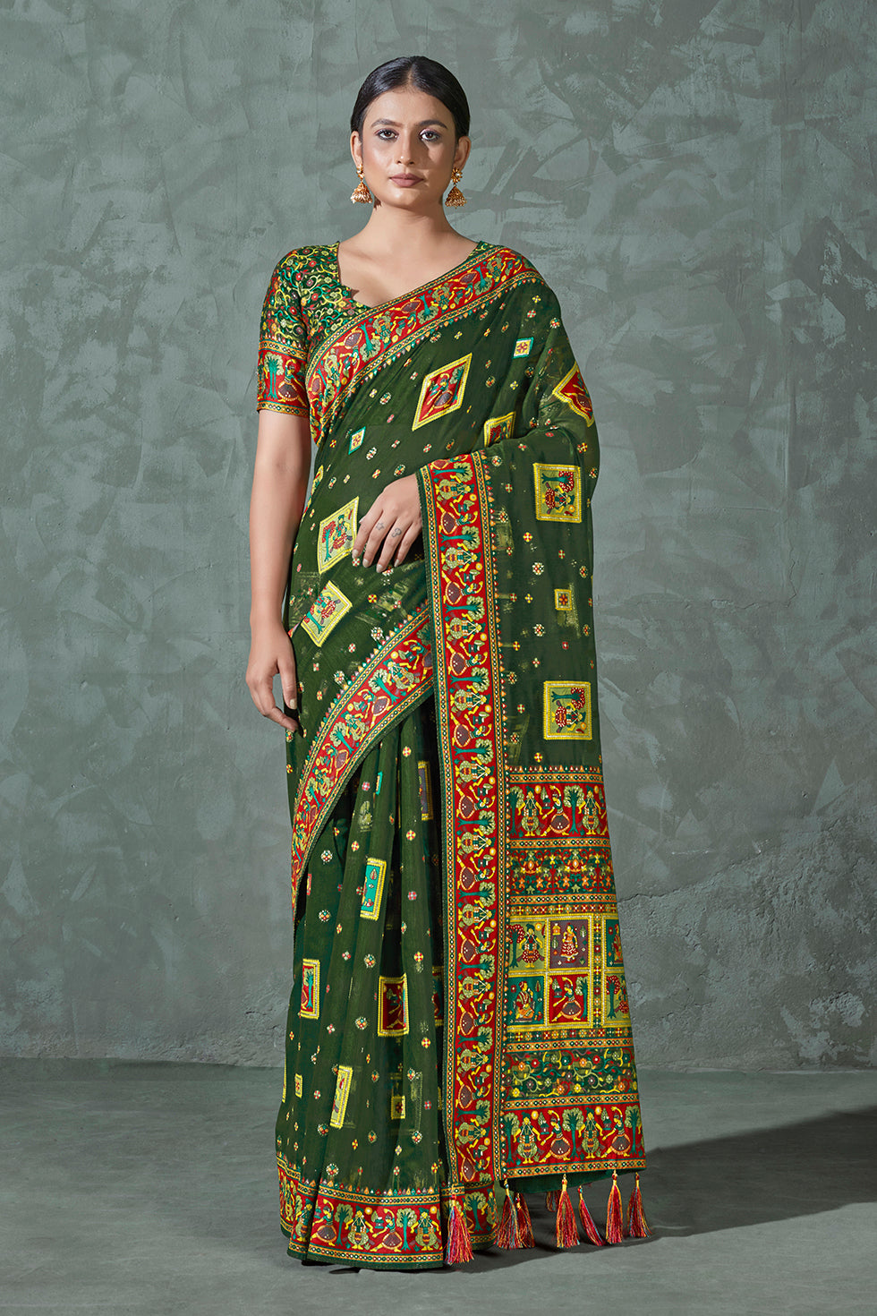 Dark Green Color Cotton Work Silk Zari Work Saree