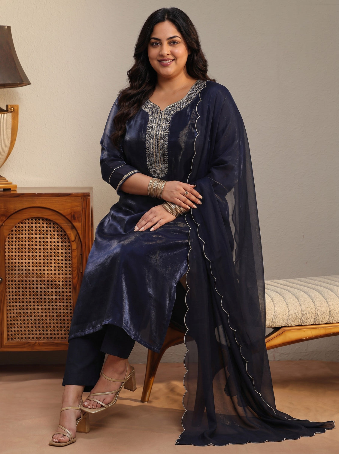 Plus Size Navy Blue Yoke Design Tissue Straight Suit Set