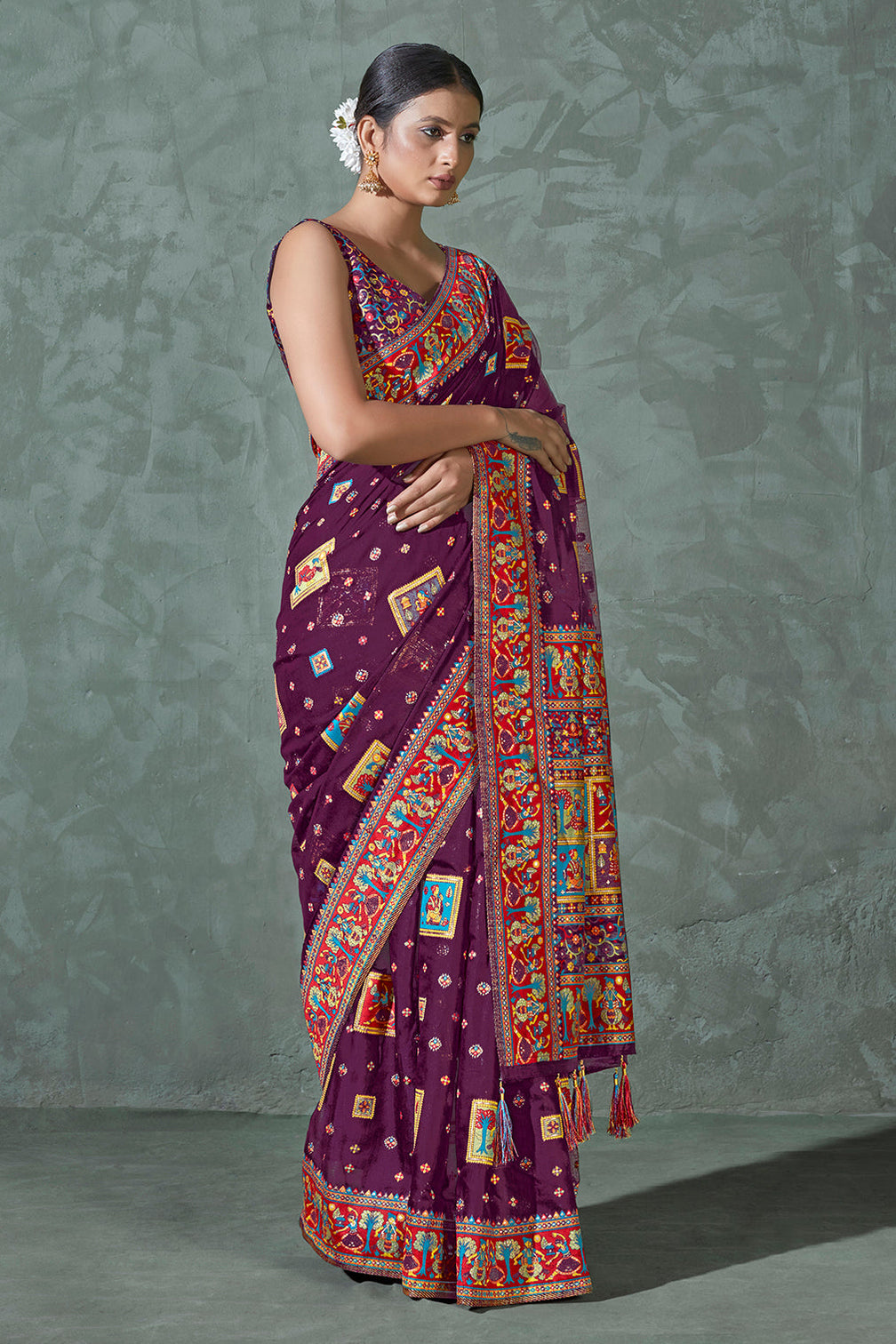 Purple Color Cotton Work Silk Zari Work Saree