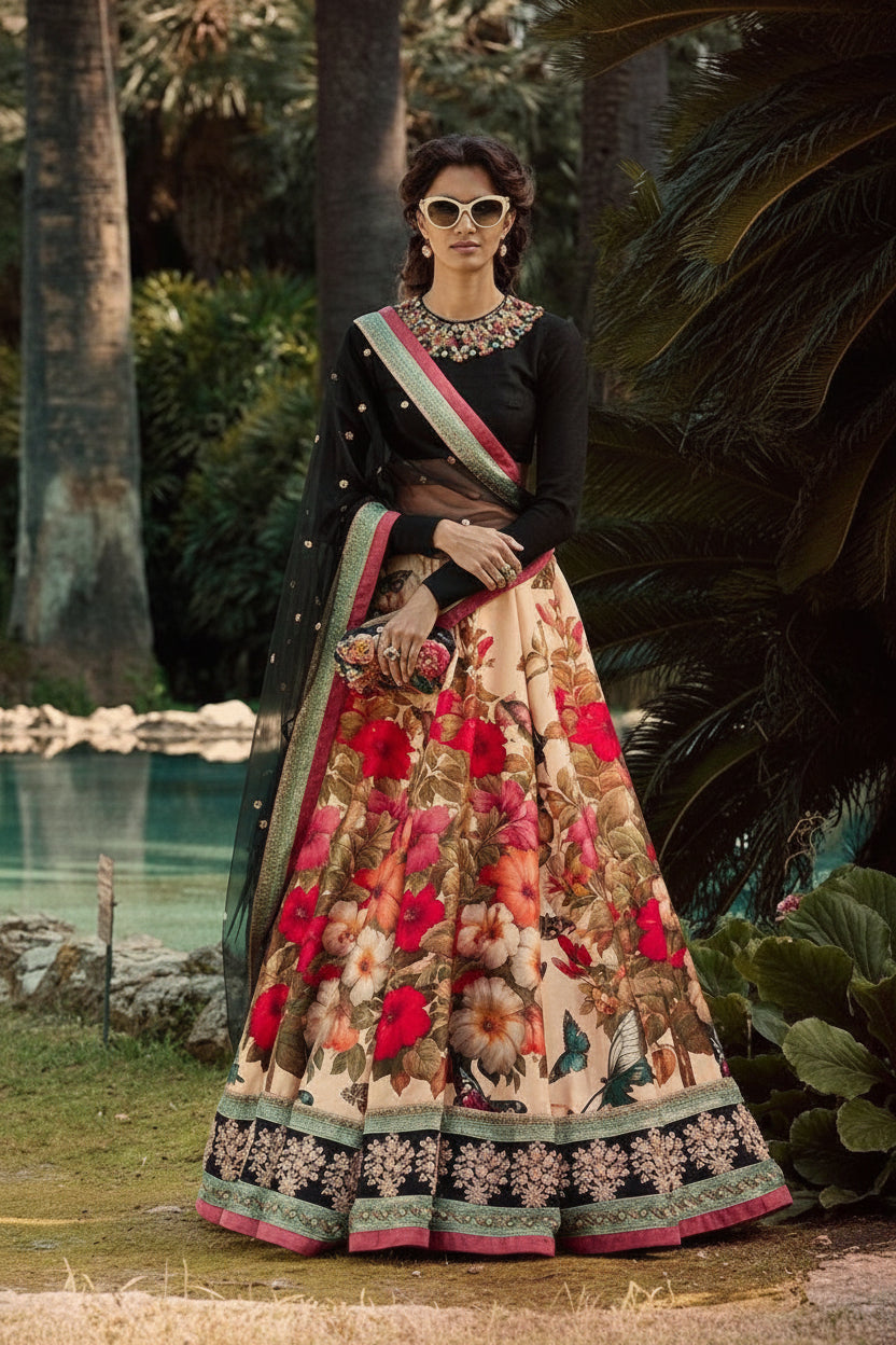 Gorgeous Colourful Floral Printed Lehenga with Black Choli