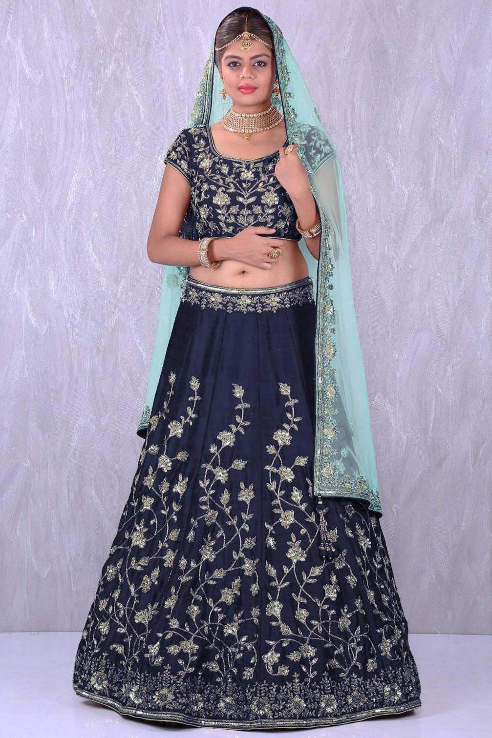 Navy Blue Banglory Silk Lehenga Choli with Applique Embroidery work
