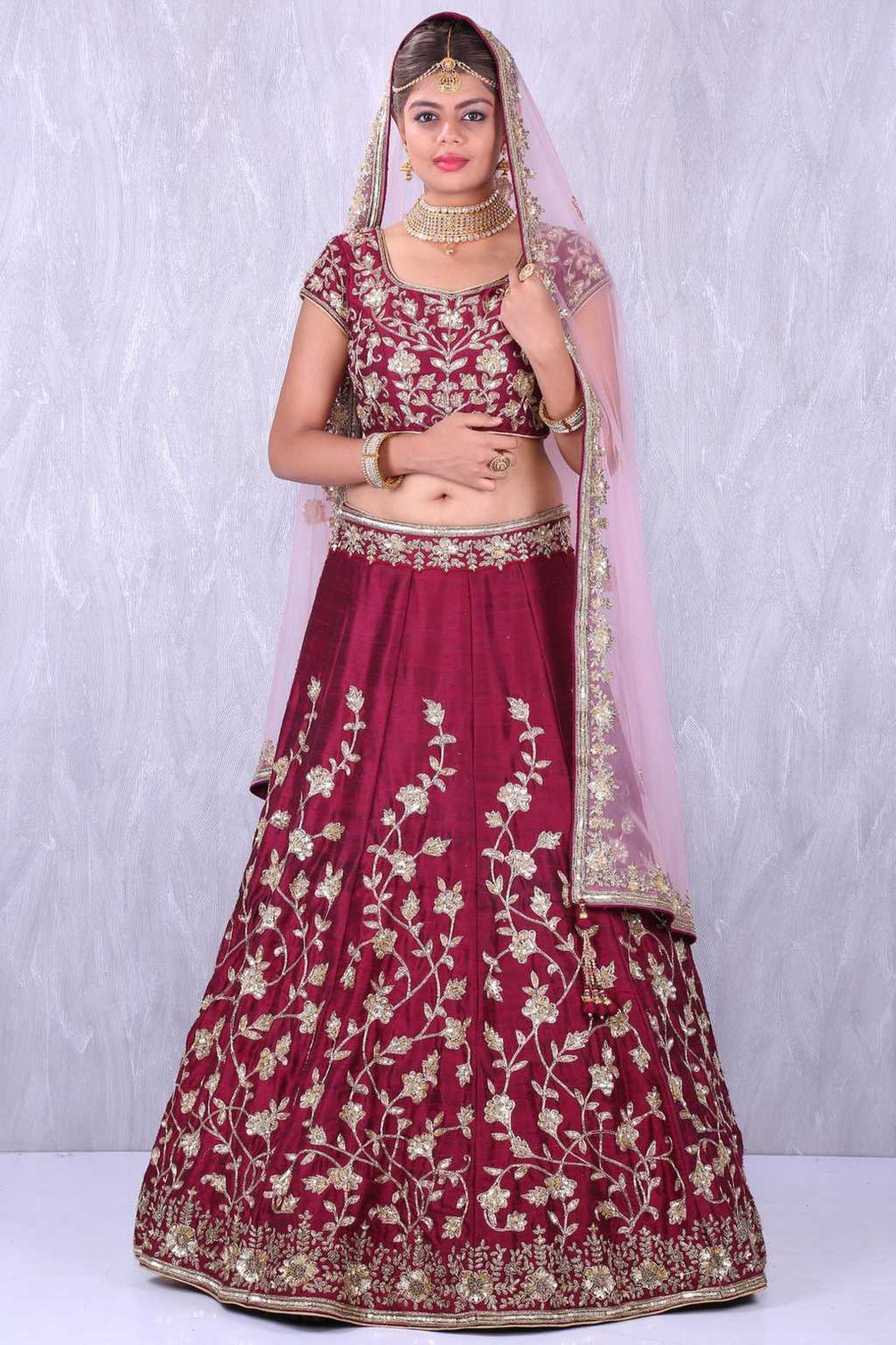 Maroon Banglory Silk Lehenga Choli with Applique Embroidery work
