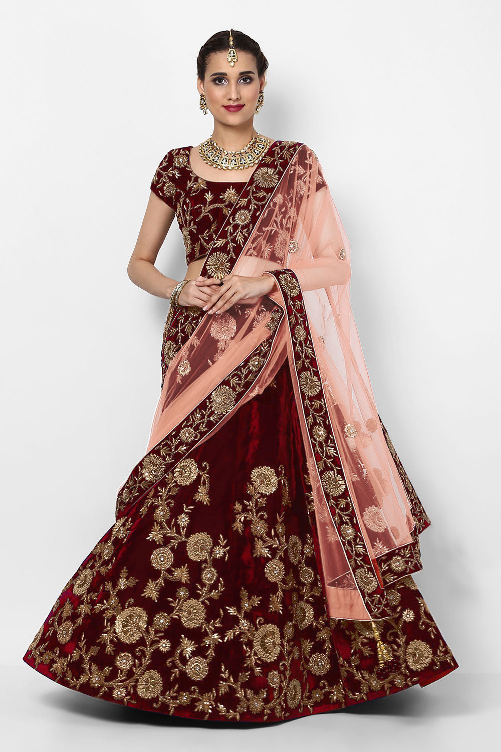 Beautiful Maroon Colored Party wear Designer Embroidered Velvet Lehenga Choli