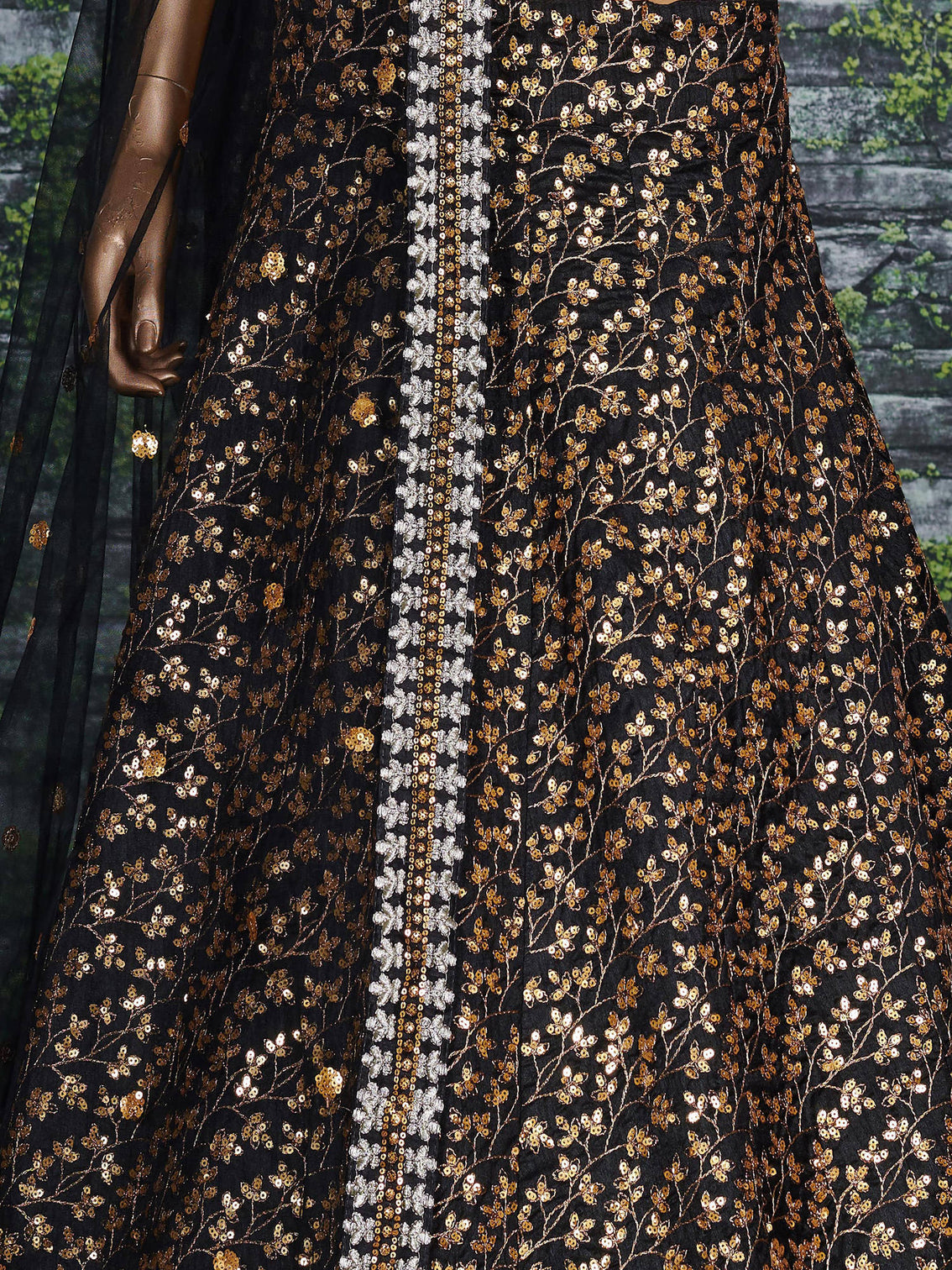 Vine Pattern Golden Sequins Black Silk Lehenga Choli Set