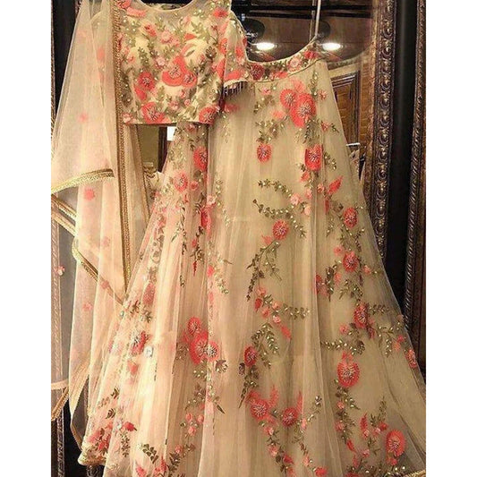 Cream Colored Lehenga Choli with Embroidery Work