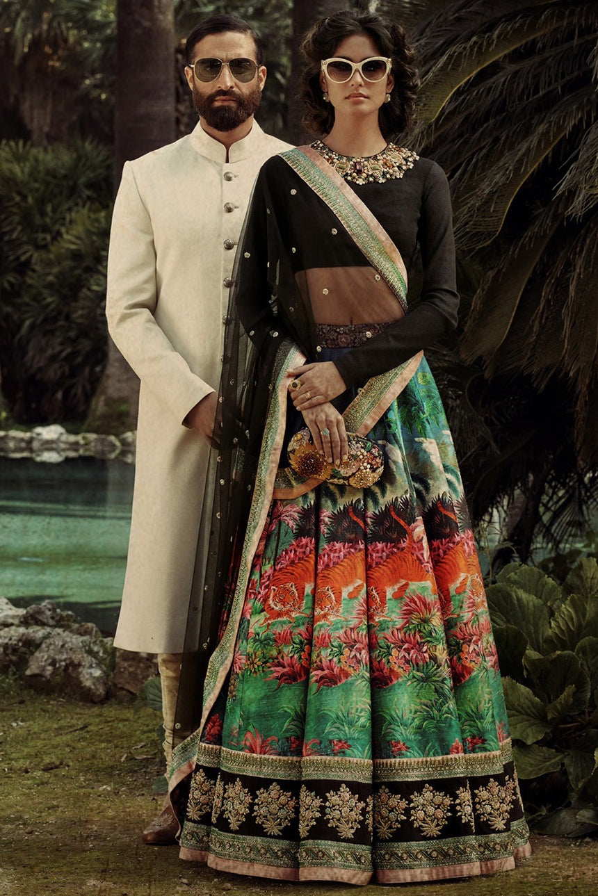 Sizzling Black Colored Partywear Digital Printed Embroidered Lehenga Choli