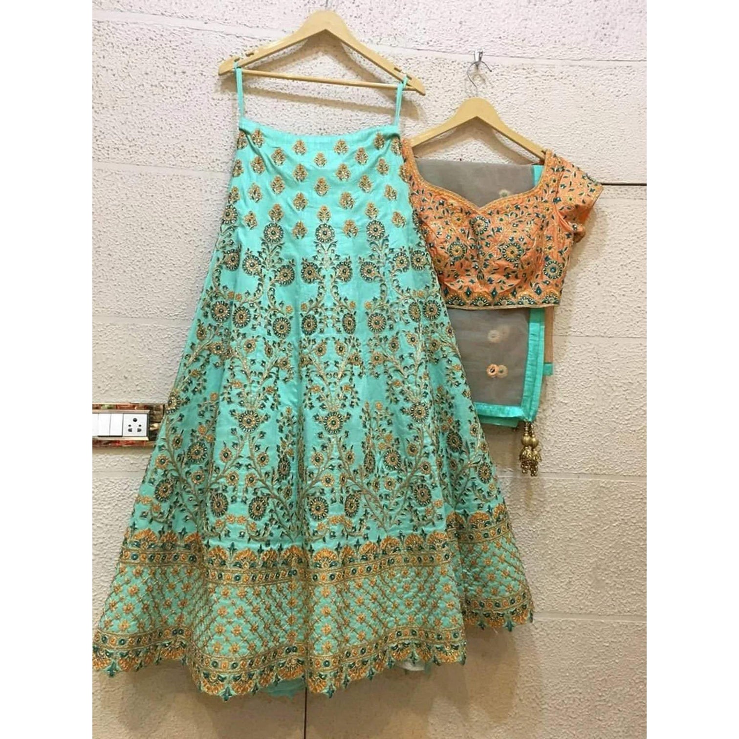 Cyan Lehenga Choli with Heavy Embroidery Work and Net Dupatta