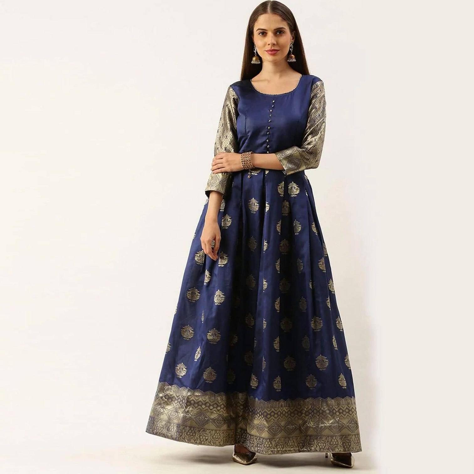 Dark Blue Color Box Cut Soft Silk Gown