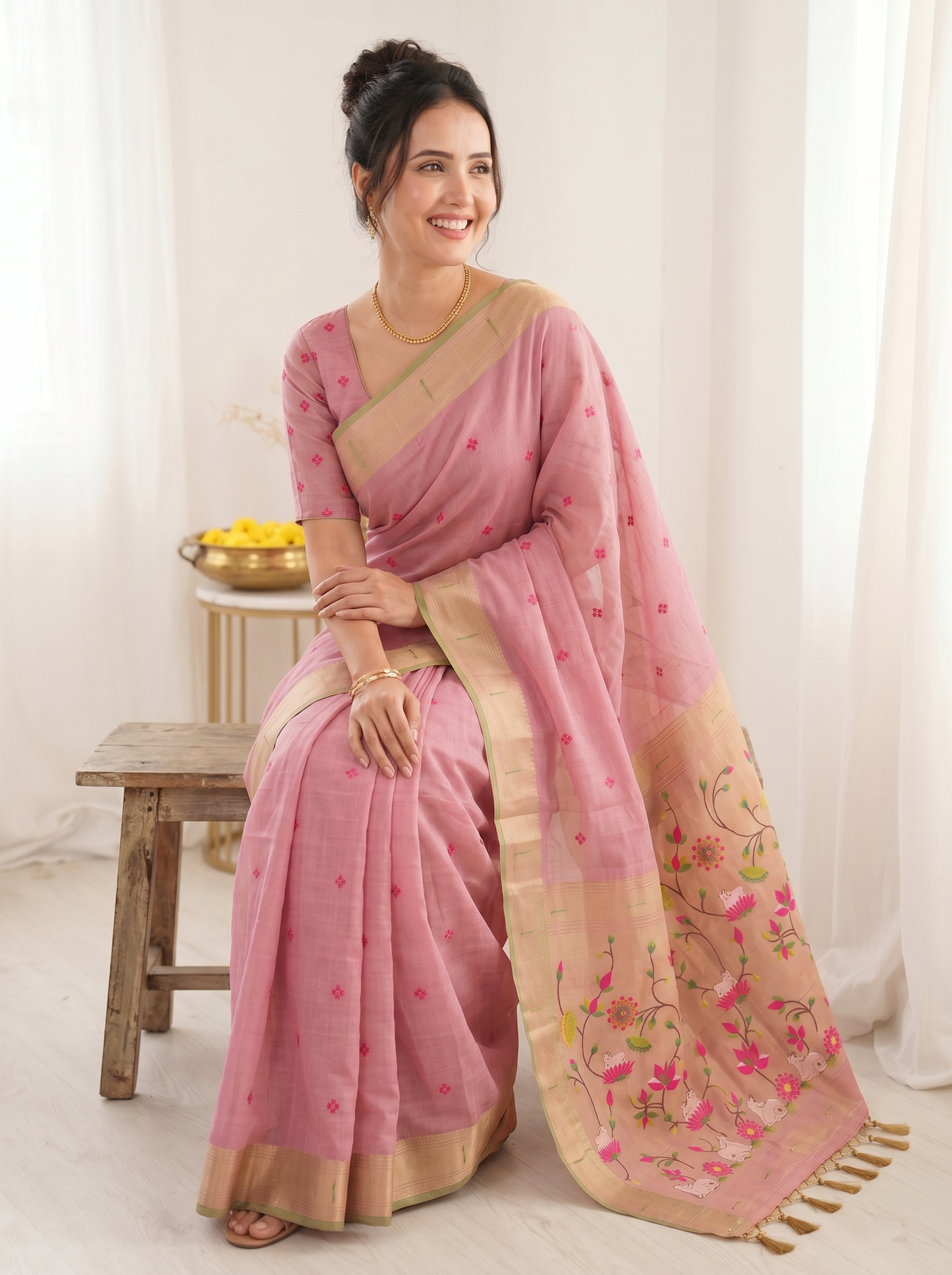 Pink Premium Soft Muga Cotton Saree with Paithani Swan Meenakari Pallu
