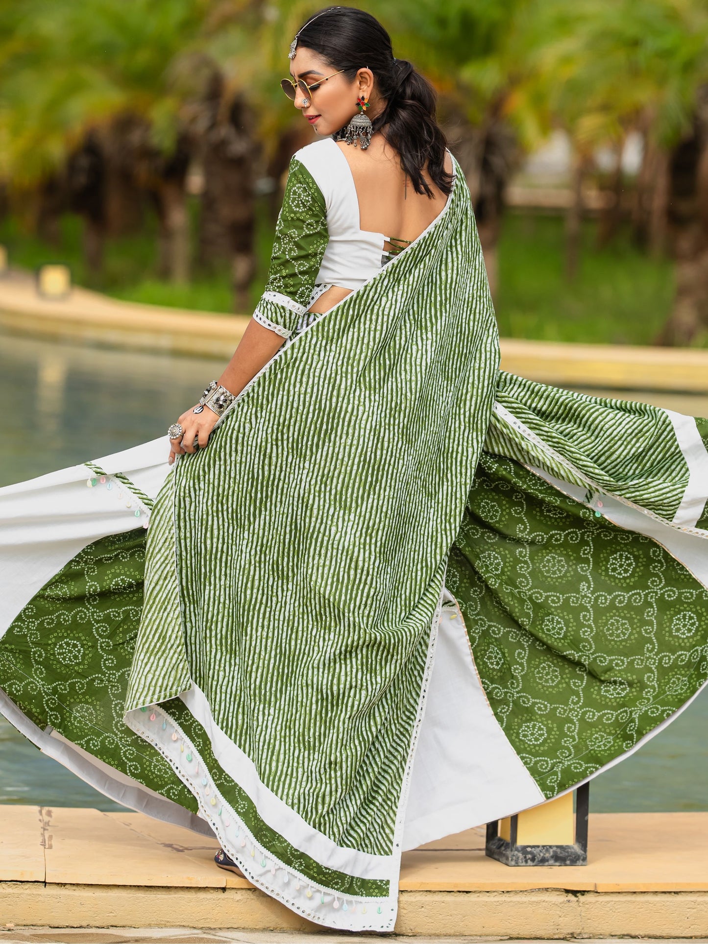 Green and White Flared Rajwadi Navratri  Lehenga Choli