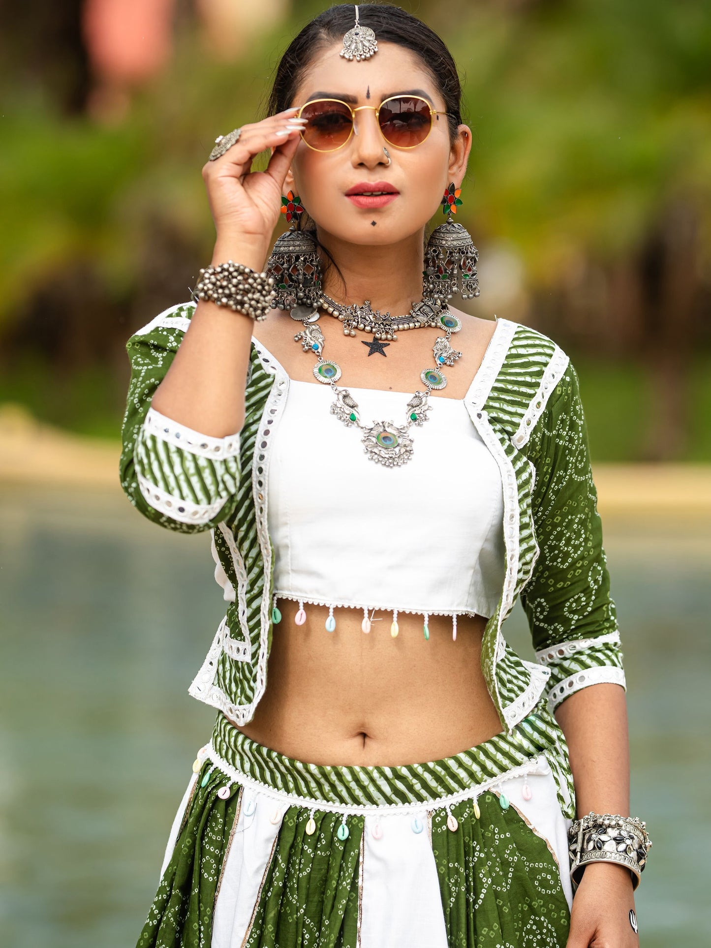 Green and White Flared Rajwadi Navratri  Lehenga Choli