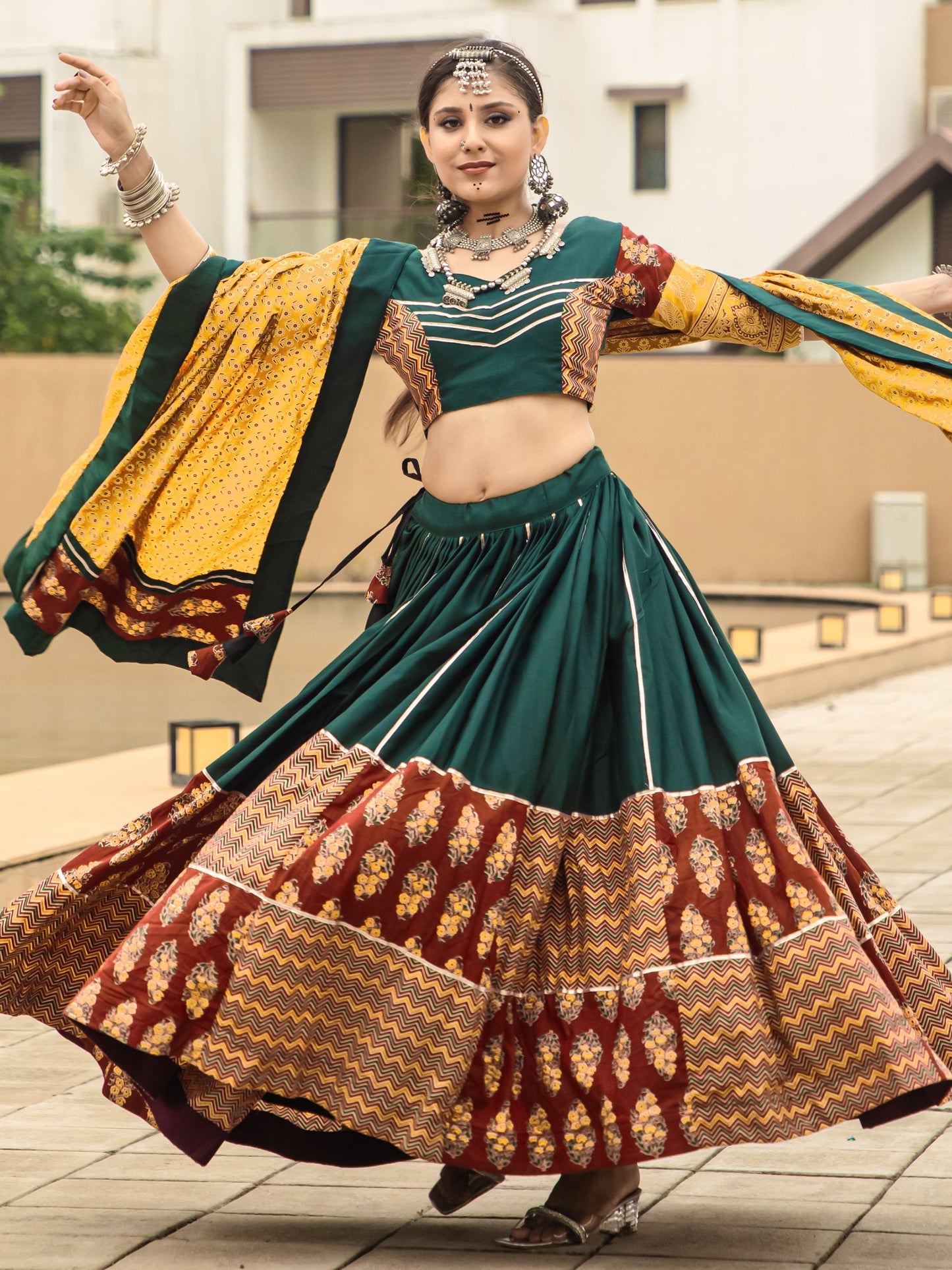 Dark Green Cotton Flared Rajwadi Navratri  Lehenga Choli