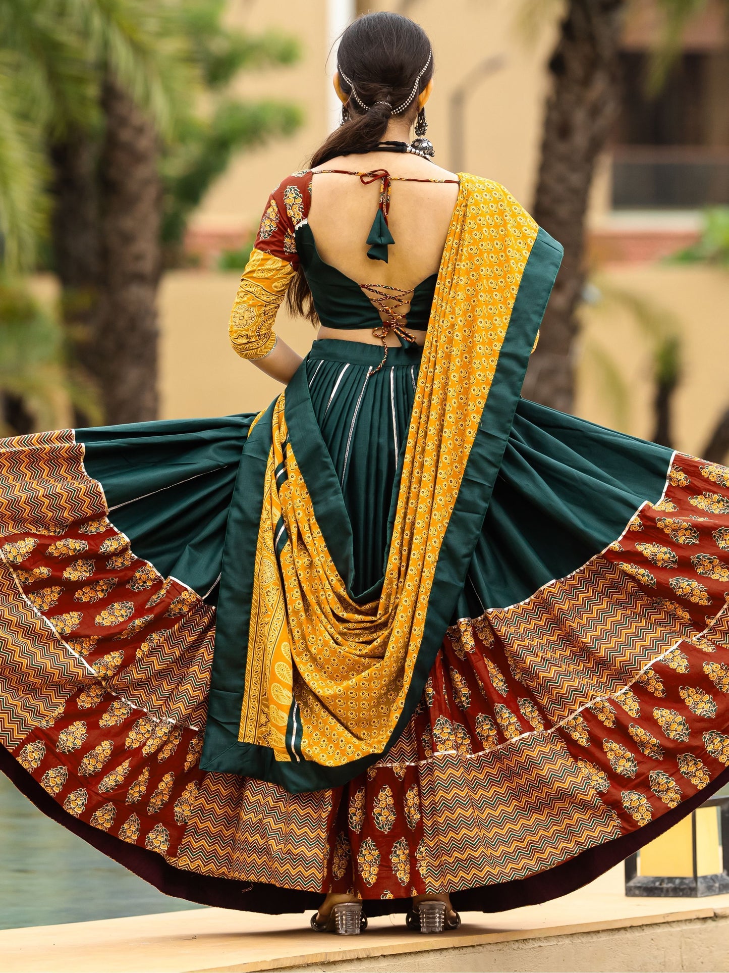 Dark Green Cotton Flared Rajwadi Navratri  Lehenga Choli