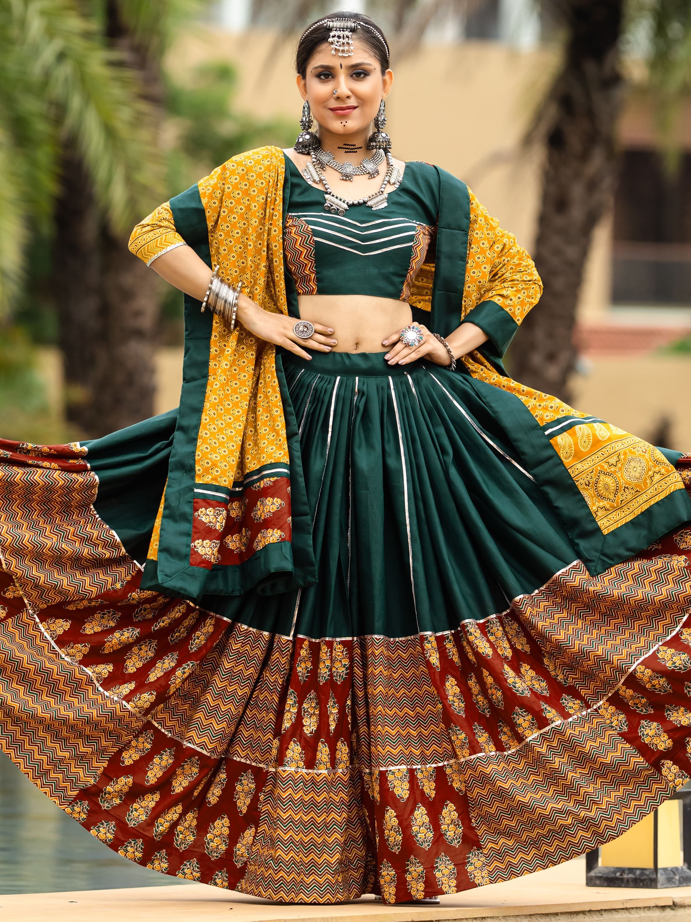 Dark Green Cotton Flared Rajwadi Navratri  Lehenga Choli