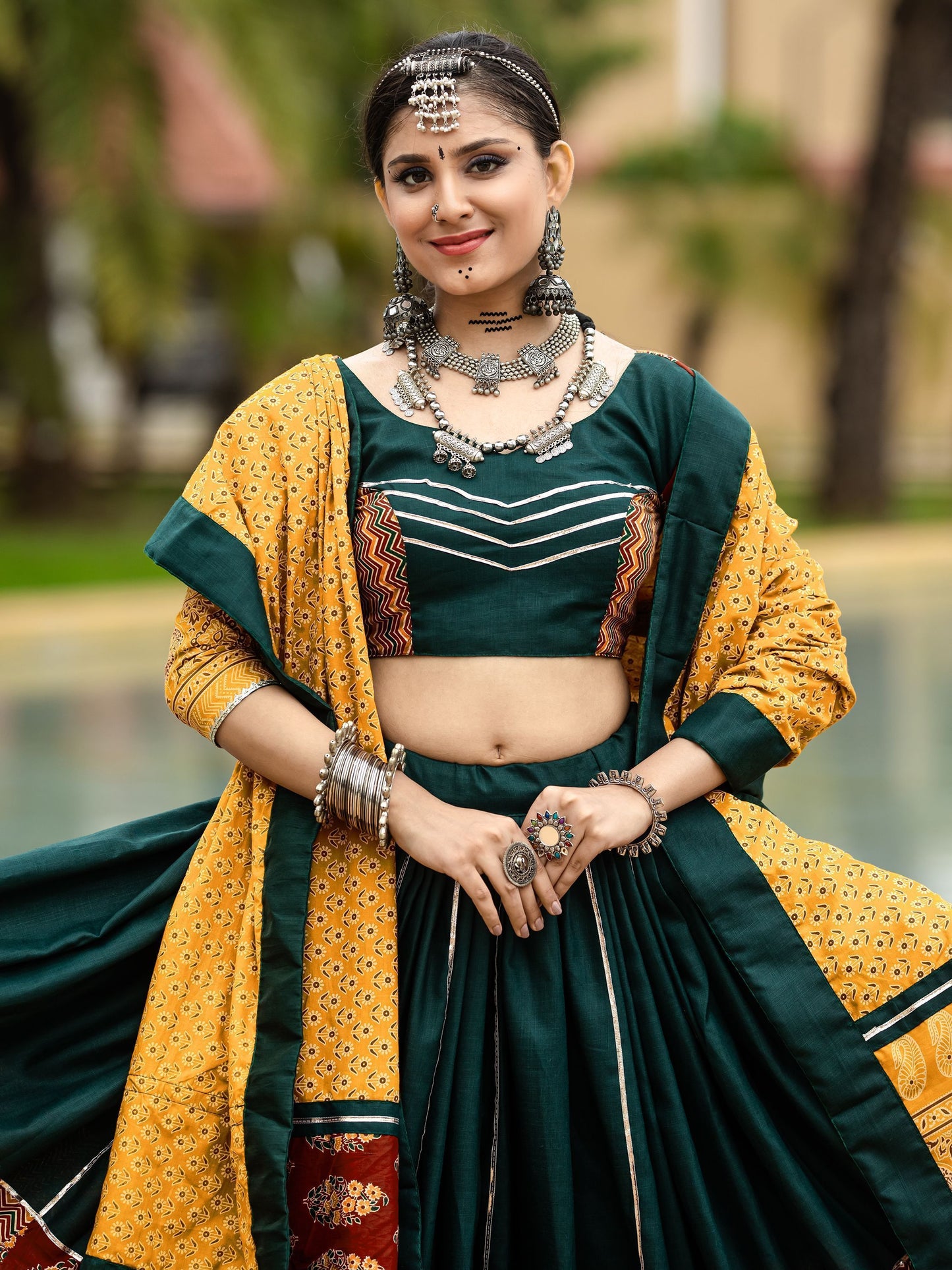 Dark Green Cotton Flared Rajwadi Navratri  Lehenga Choli