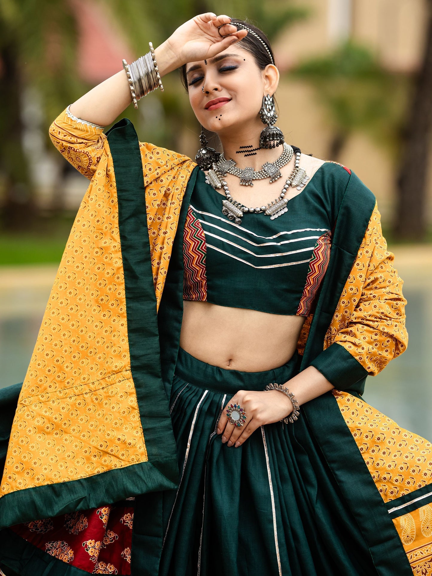 Dark Green Cotton Flared Rajwadi Navratri  Lehenga Choli