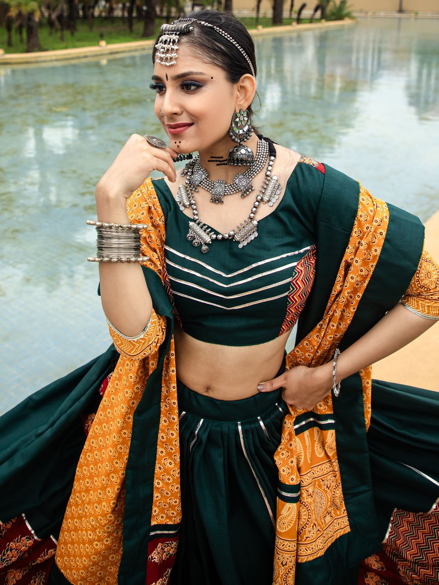 Dark Green Cotton Flared Rajwadi Navratri  Lehenga Choli