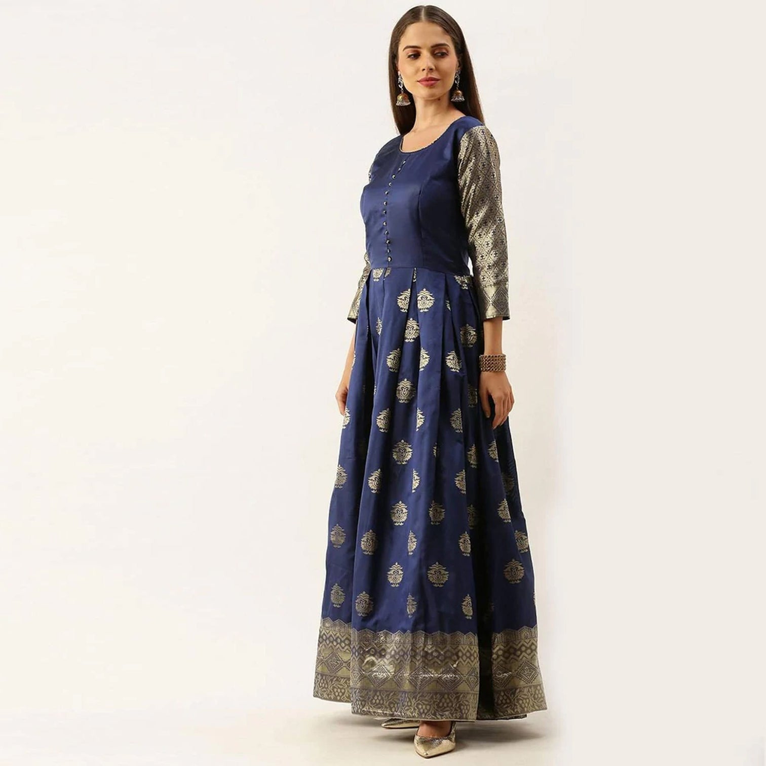 Dark Blue Color Box Cut Soft Silk Gown