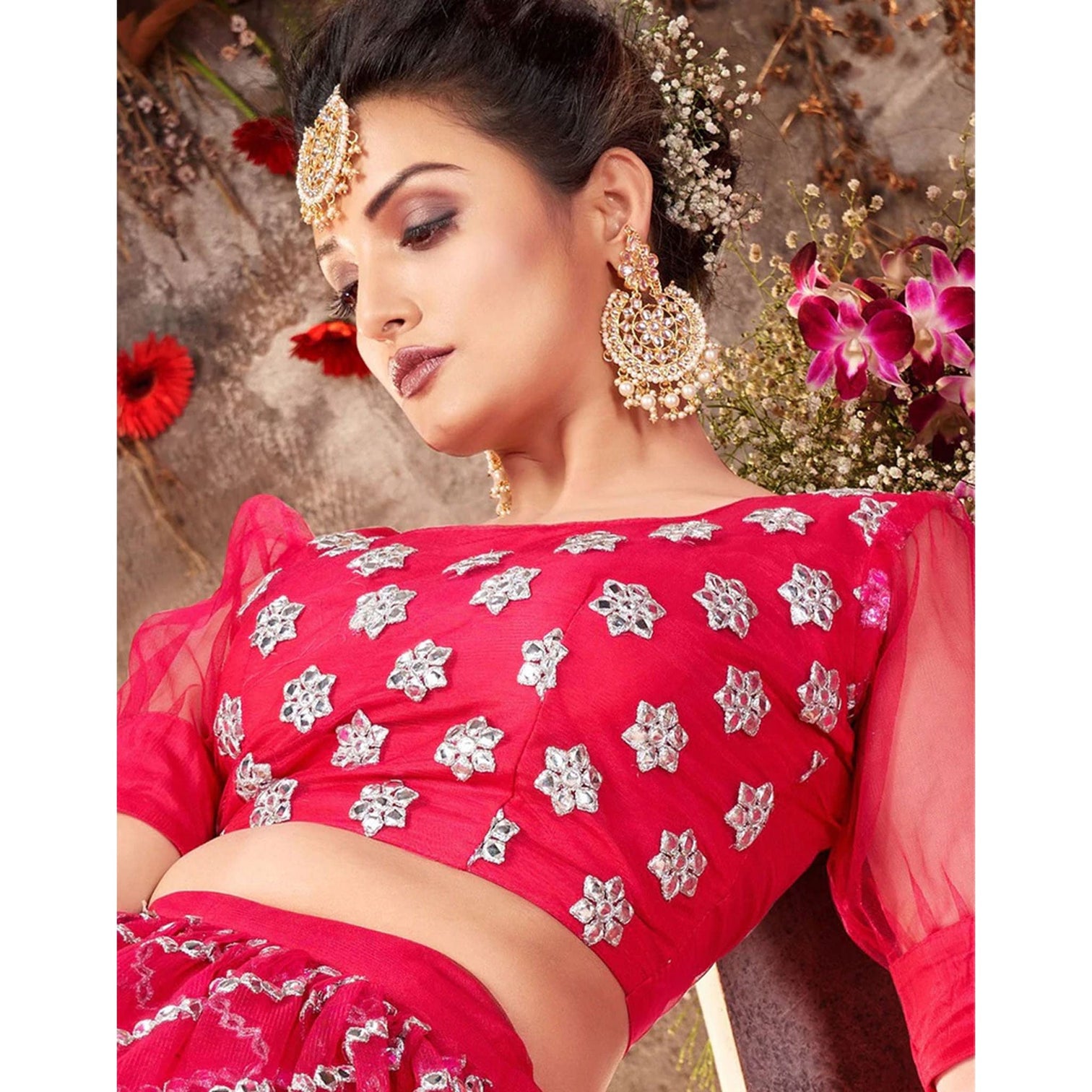 Pink Lehenga Choli in Net with Heavy Embroidery Work