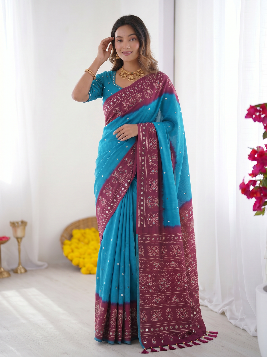 Sky blue wine purple bandhani printed cotton silk saree with traditional folk border tassel pallu mameraa