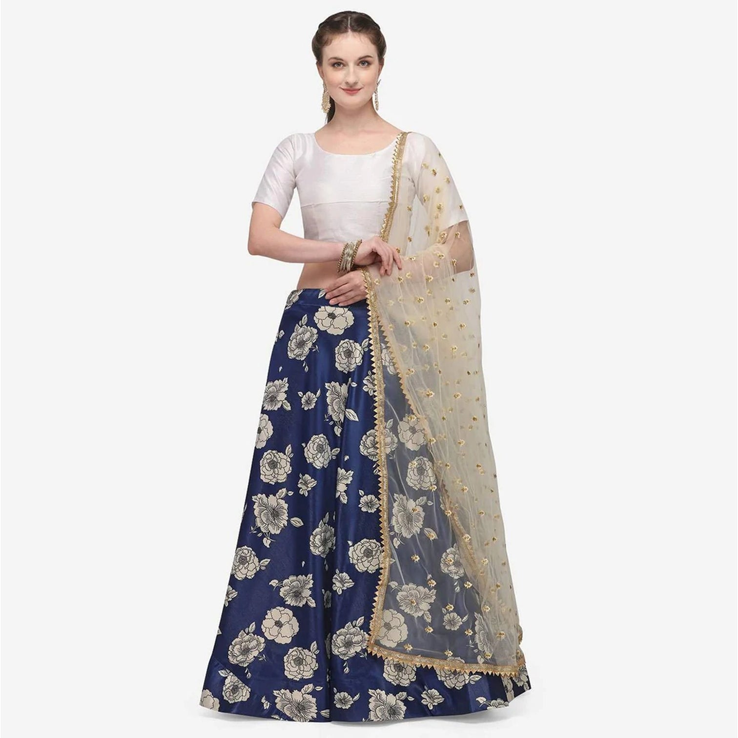 Dark Blue Color Zari Silk Lehenga Choli with Net Dupatta